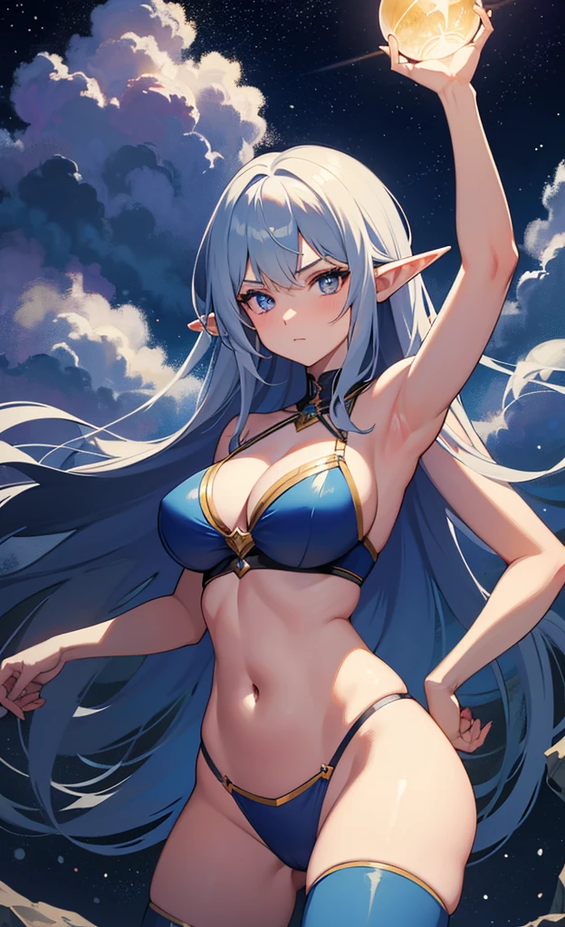 the hair,Nice face,blue bikini armor,Heterochromatic pupil,fully body photo,half moon,under moonlight,(tmasterpiece:1.1),(Best quality:1.1),(HighDynamicRange:1),ambient light,Super girl, mystical elf, looking into crystal ball, holding mysteries, showing a microcosm space, stars, unique, huge breasts, cleavage, candlelight, dark background, atmosphere of mystery, smoke, subtle multicolored lighting,