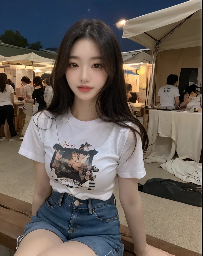 (Masterpiece, best resolution: 1.2), (brown eyes), seduction, smile, long hair, small breast, high-definition facial features, 8K, double eyelids, delicate facial feature, natural body, ((((wearing t-shirt and short pants))), (((night market))), (sitting on the bench)