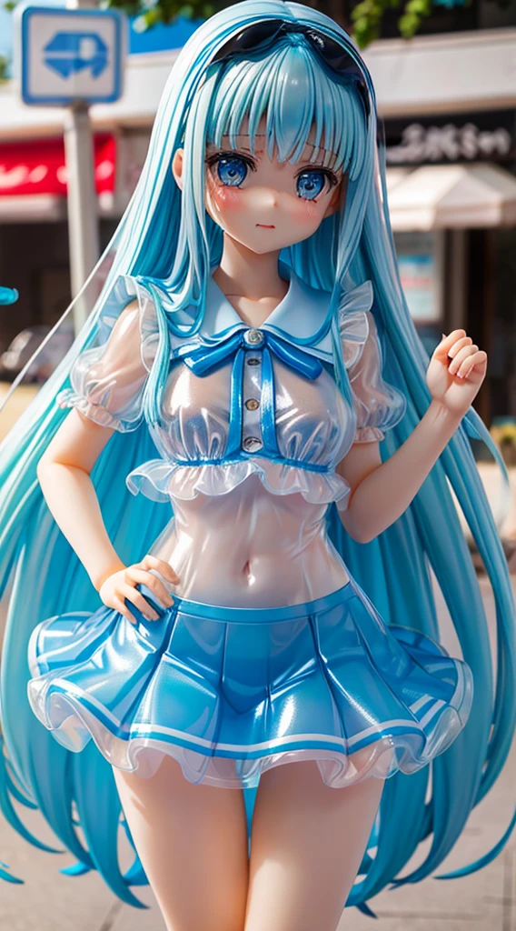 real situation,clear blue shining eyes,shy crying face,kawaii girl, Slim big,light blue long hair,Transparent sailor blouse,See-through pleated mini skirt with sheer luster,Idle Pose,Inside the convenience store,