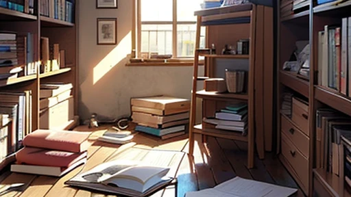 Student room, Light walls, Sunlight from the window, morning, rays of sunshine, Few items, ficus in a pot, disarray, Things are scattered, clothes scattered, There are textbooks, a table, chair, The bed is not made, creative disarray, figurines, gamer. monitor