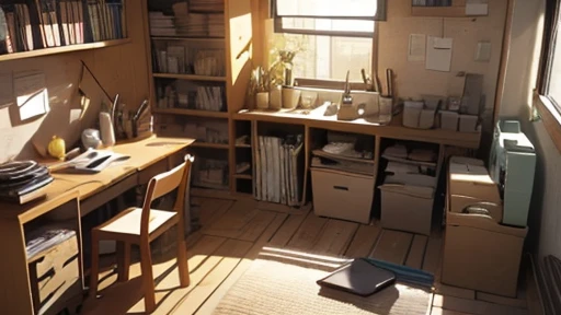 Student room, Light walls, Sunlight from the window, morning, rays of sunshine, Few items, ficus in a pot, disarray, Things are scattered, clothes scattered, There are textbooks, a table, chair, The bed is not made, creative disarray, figurines, gamer. monitor