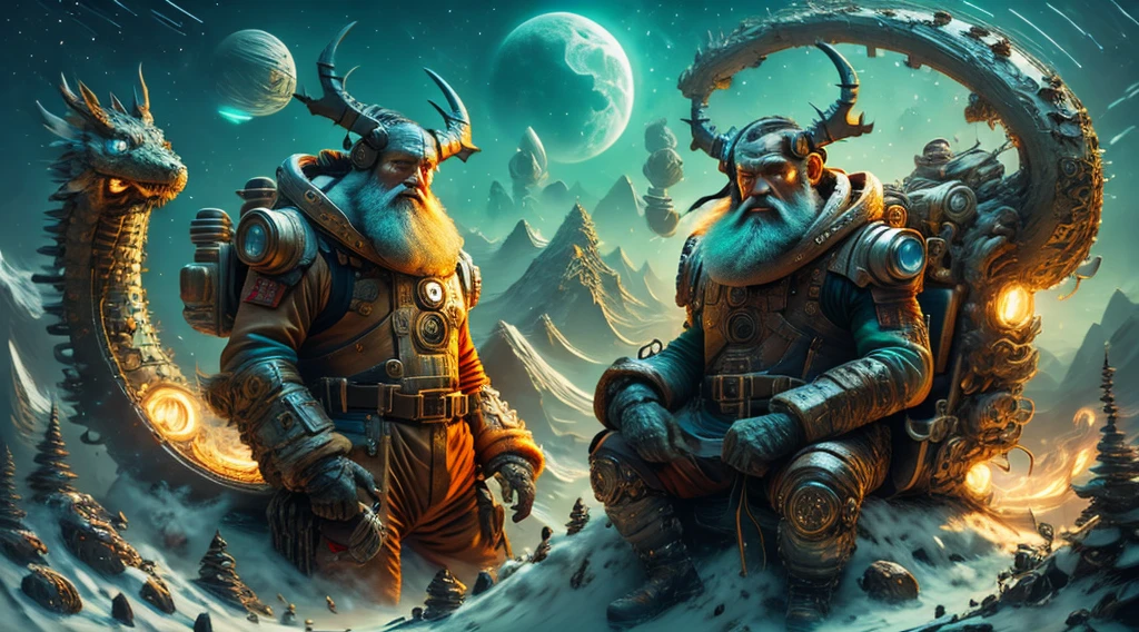 post apocalyptic world Santa Claus space explorer ride the chinese dragon ,cartoon character by Android Jones, frank franzzeta, ross tran and mcbess colorful