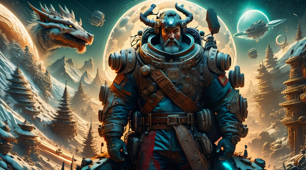 post apocalyptic world Santa Claus space explorer ride the chinese dragon ,cartoon character by Android Jones, frank franzzeta, ross tran and mcbess colorful