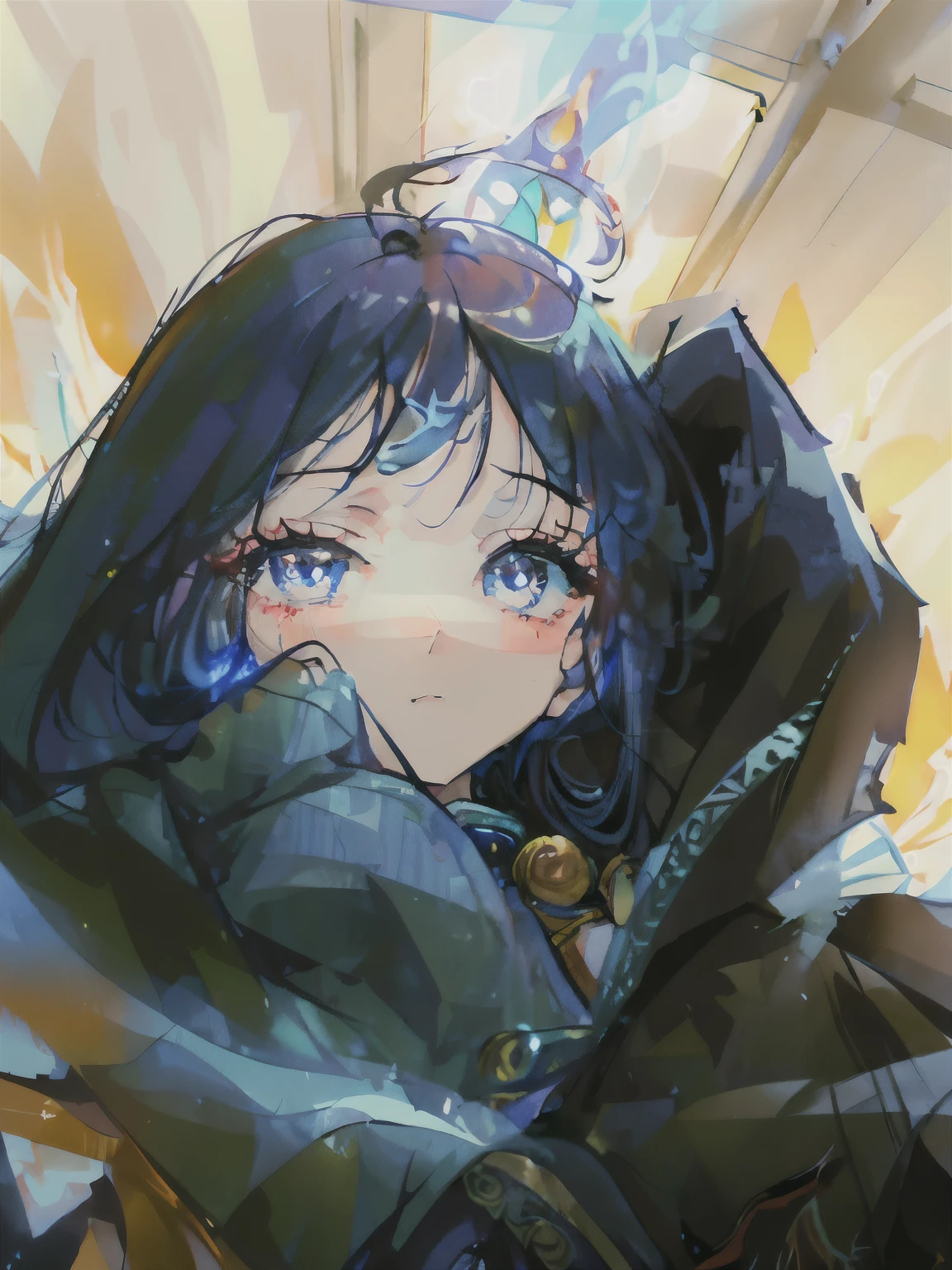 "(best quality, high resolution, masterpiece:1.2), ultra-detailed, (realistic, photo-realistic:1.3), long-flowing hair, cape-wearing girl, lovely large chest, holy, cascading blue flames in her eyes, flickering blue torch-like gaze, arched eyebrows, fair and flawless complexion, flowing locks of hair, elegantly styled, beautiful girl. Blue flames erupting from her eyes, waist-length hair, fantasy girl, eyes shooting fire"