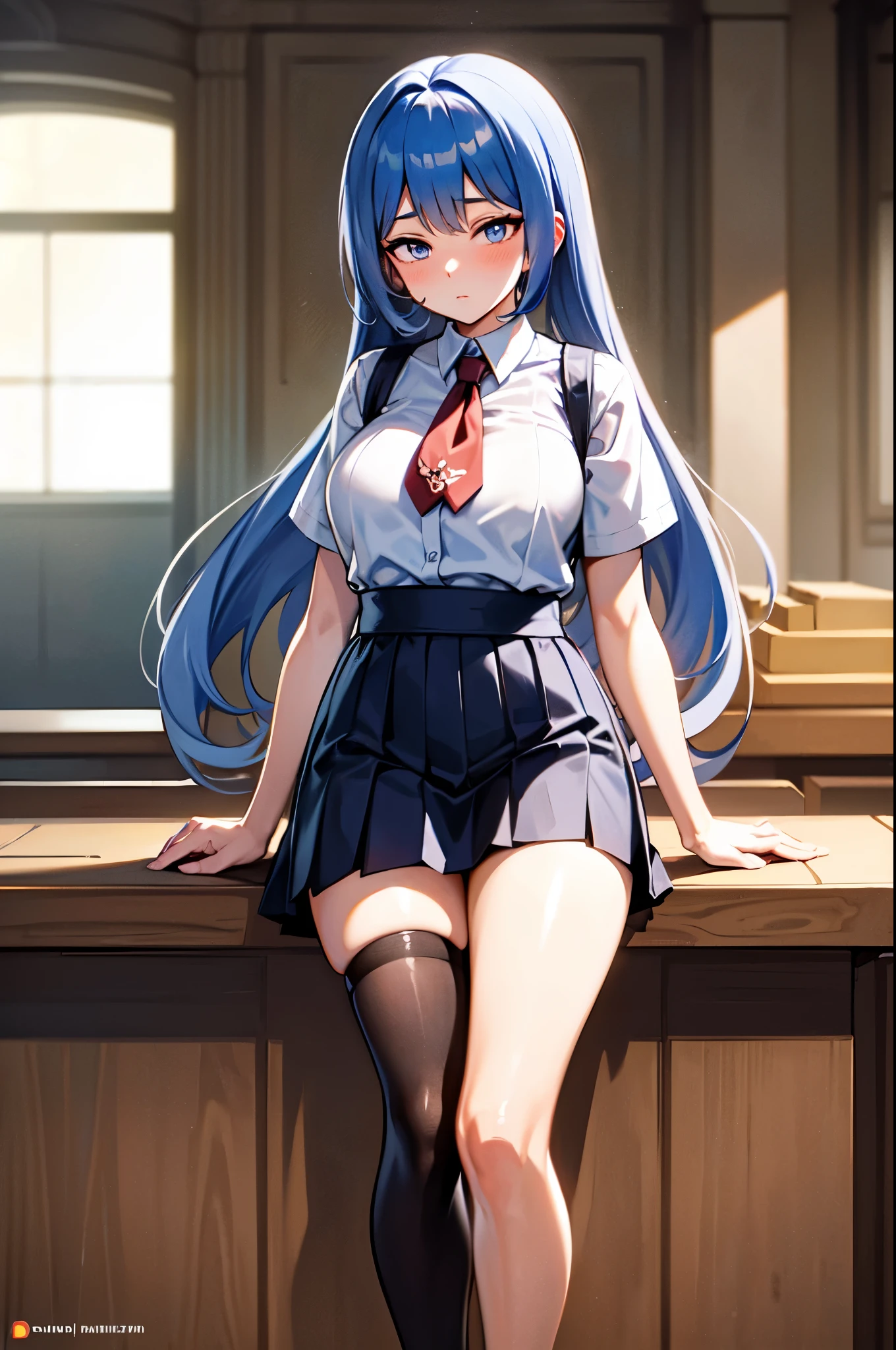 ((masterpiece)), ((Best Quality)), (Ultra-detailed), ((kawaii)), Cuovely), ((sexy)), ((Extremely detailed)), 4K, (8K), Best Quality, (Beautiful), Illustration, anime style, (bold line:1.2), Gradation, cowboy shot, a cute girl, 1girl, (solo:1.2),//, sitting, (spread legased on a school uniform, the blouse is made of a slightly transparent material, allowing a subtle view of the cleavage. Pleated skirt with a side slit, Black thigh-high socks and classic loafers. Blue clip-on tie, //, large breasts, slender legs, breasts falling aside, Perfect eyes, Perfect iris, pink-skinned, //, (half closed eyes:1.4), (sexual expression:1.2), Fascinated expression, (cool:1.2), (blush:1.2), //, Twin tails hair style, blue hair color, (beautiful eyeetween the furthest shelves in the school library, the surroundings are dim, with light shining down from a skylight above