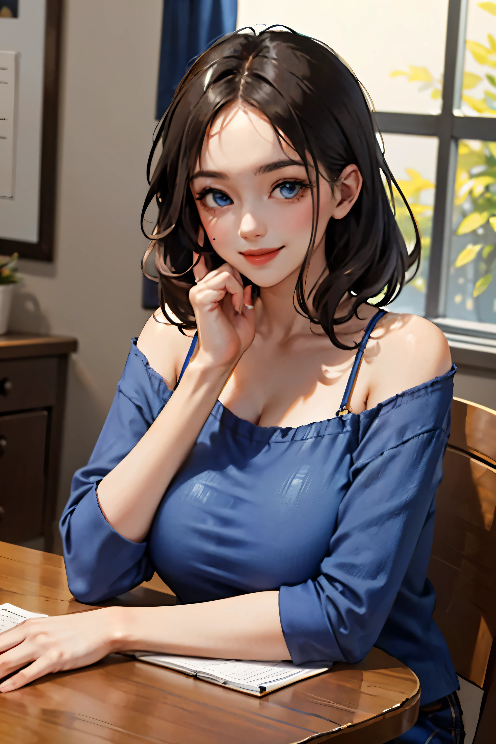 (masterpiece:1.2, best quality), (1lady, solo, upper body:1.2), clothing: loose-fitting, comfortable pajamas Accessories, detailed the hand, Hair: Short dark blue shoulder-length hair Makeup: natural, glowing skin, behaviocing the table, sitting at the table, smiling location: study, study desk, blue eyes, huge breasts,