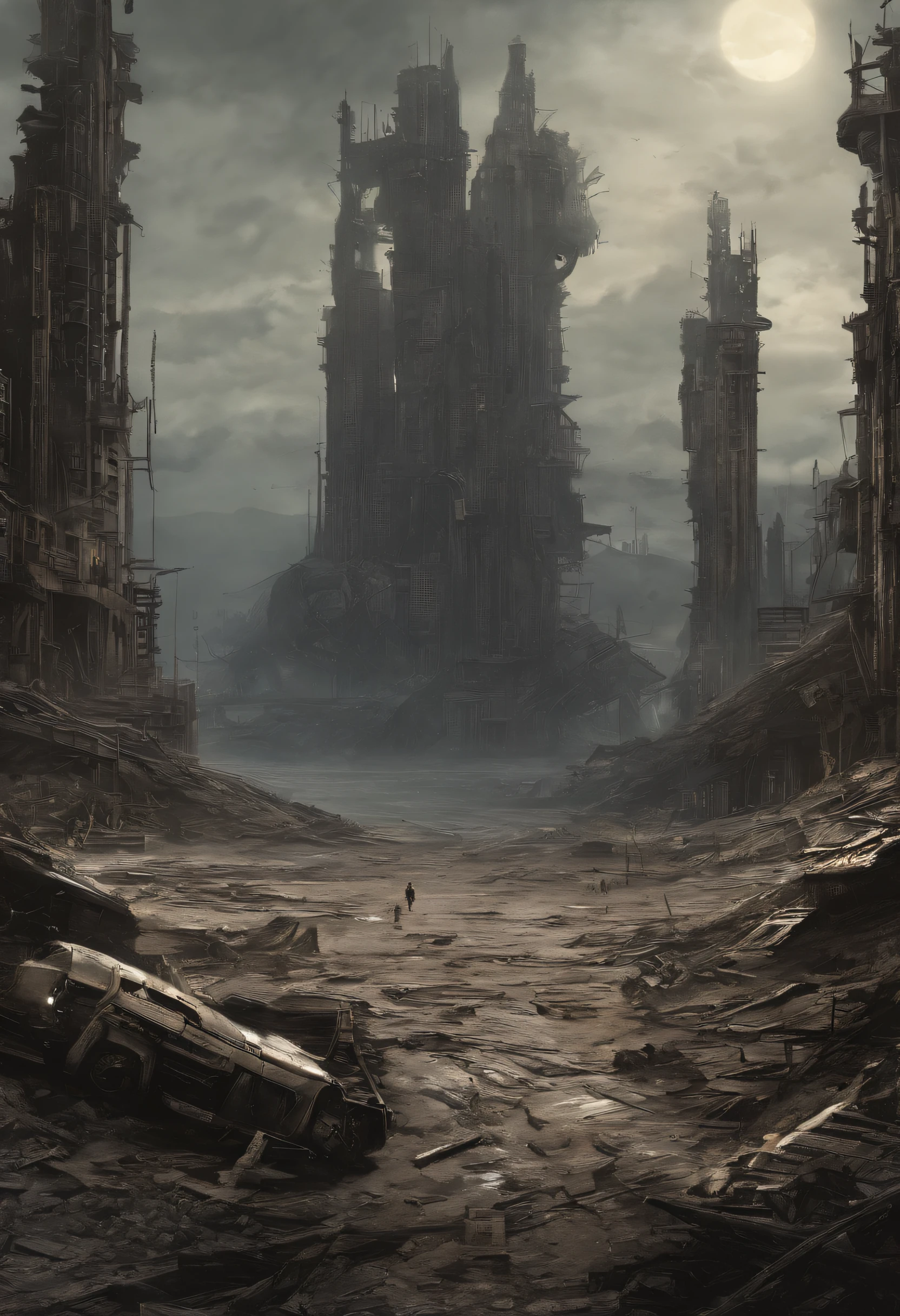 shoreline，Giant planets，Create a utopian masterpiece，Destroyed futuristic cityscapes depicted in gritty gaming concept art style. The artwork should evoke a sense of future desolation and despair, post apocalyptic world. Pay attention to intricate details, Focus sharp, and a highly detailed description of the ruined city...... Draw inspiration from the art styles of Wayne Barlow and Zdislav Beksiński. Deliver this image in a movie view format, Show the bleak beauty of this decaying world.