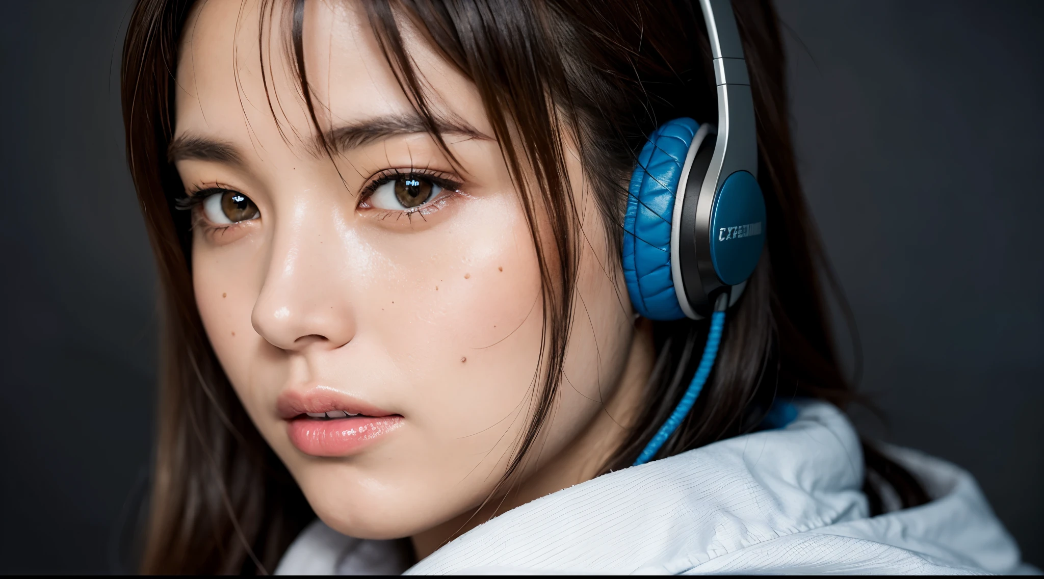dressed, (photo realistic:1.4), (hyper realistic:1.4), (realistic:1.3), (smoother lighting:1.05), (increase cinematic lighting quality:0.9), 32K, 1girl,20yo girl, realistic lighting, backlighting, light on face, ray trace, (brightening light:1.2), (Increase quality:1.4), (best quality real texture skin:1.4), finely detailed eyes, finely detailed face, finely quality eyes, (tired and sleepy and satisfied:0.0), face closeup, t-shirts with headphones, (Increase body line mood:1.1), (Increase skin texture beauty:1.1)
