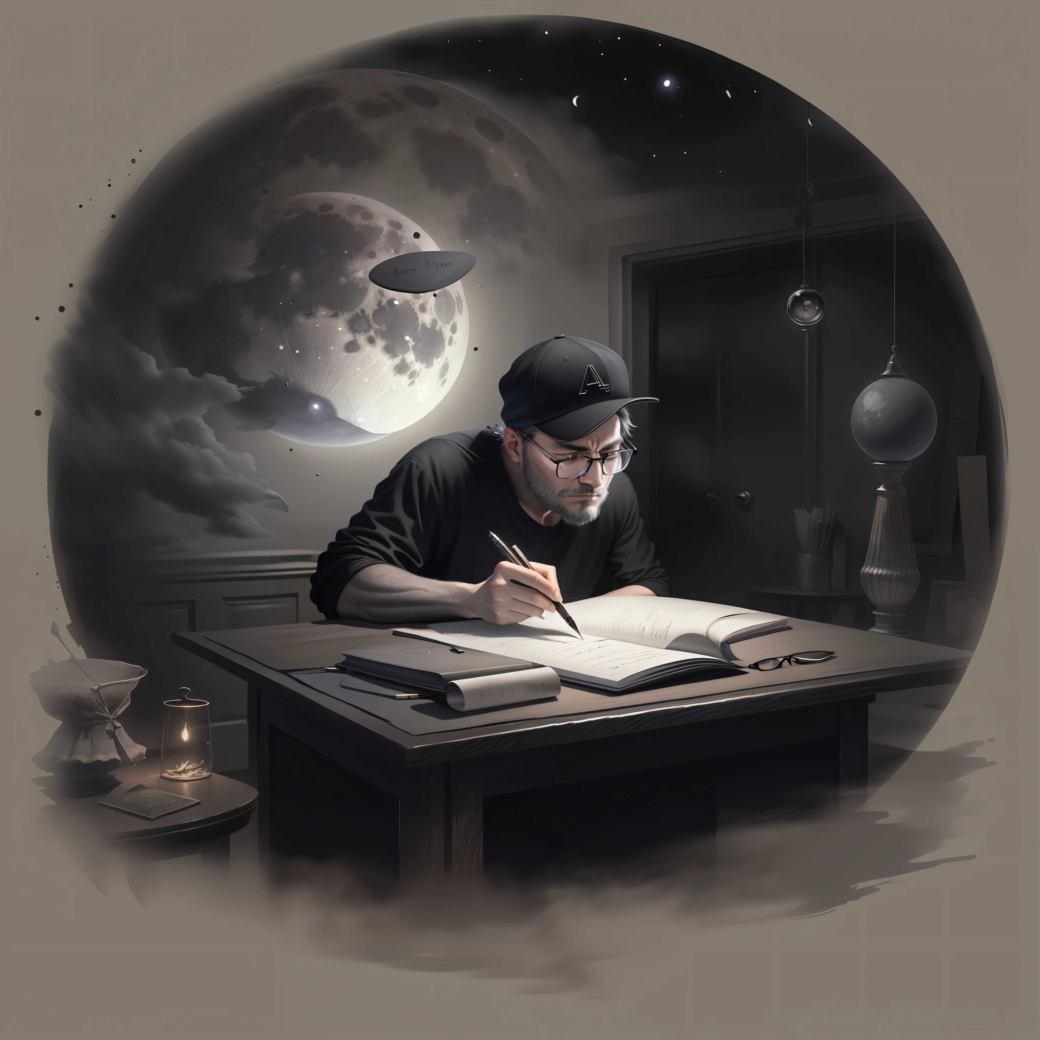 estampa de camiseta preta, Man in prescription glasses and black cap writing a poem at a table, com uma caneta em uma noite de lua cheia vista de seu quarto, Realistic image