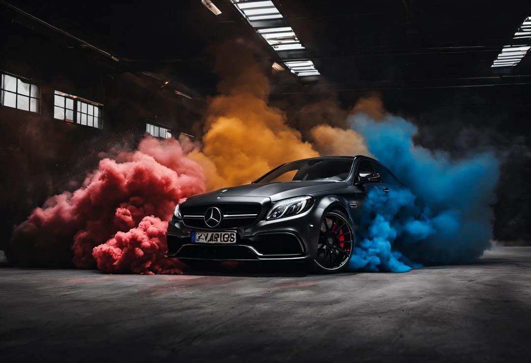 Mercedes C63 AMG, dans un studio professionnel, fond noir, explosion de poudre colorée derrière, 4K, de la haute qualité, très réaliste