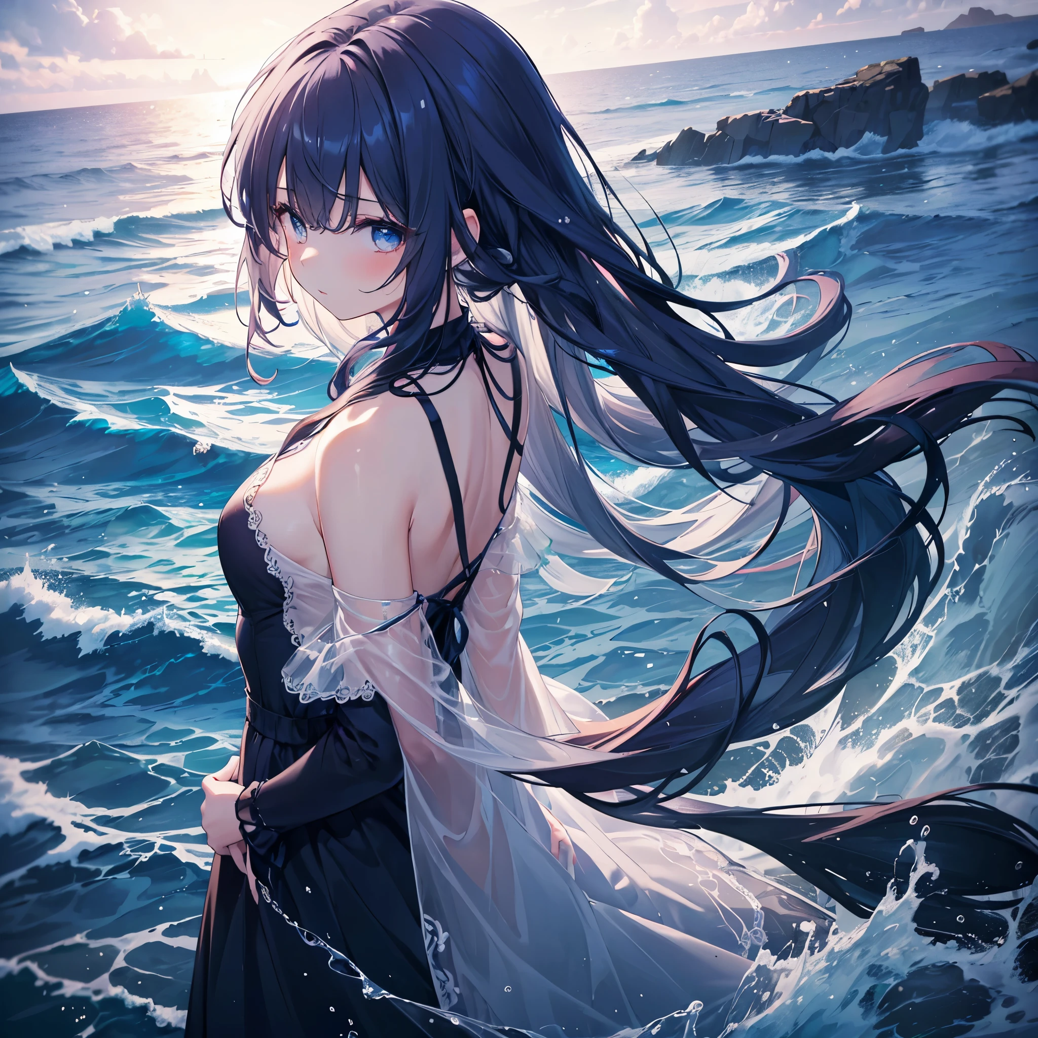 (masterpiece, best quality), ((1girl, solo, long hair)), liquid clothes, water, waves, water dress, blue_theme, night, mist, dark, sharp focus, sea, see-through dress, red long twin tail hair