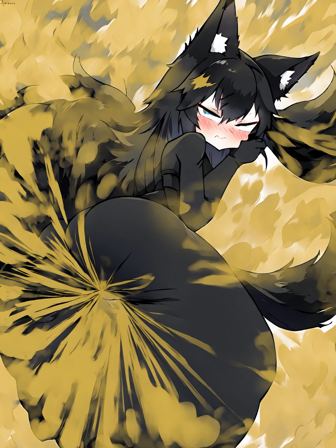 Cute black fox girl farting（HUD’s two-dimensional face）,wearing a black bodysuit，farting(yellow smoke)，hold ass，normal