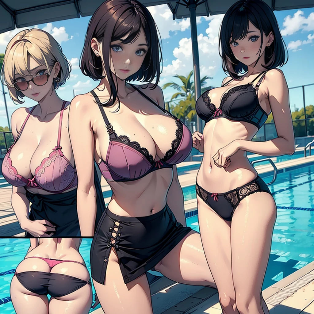 multiple thick body females at the pool daytime, females wearing different style (pink lace pattern bra and panties)(short body tight dress) lifting skirt panties exposed, spread their legs at camera