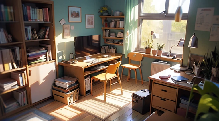 Student room, Light walls, Sunlight from the window, morning, rays of sunshine, Few items, ficus in a pot, disarray, Things are scattered, clothes scattered, There are textbooks, a table, chair, unmade bed, creative disarray, figurines, gamer. monitor