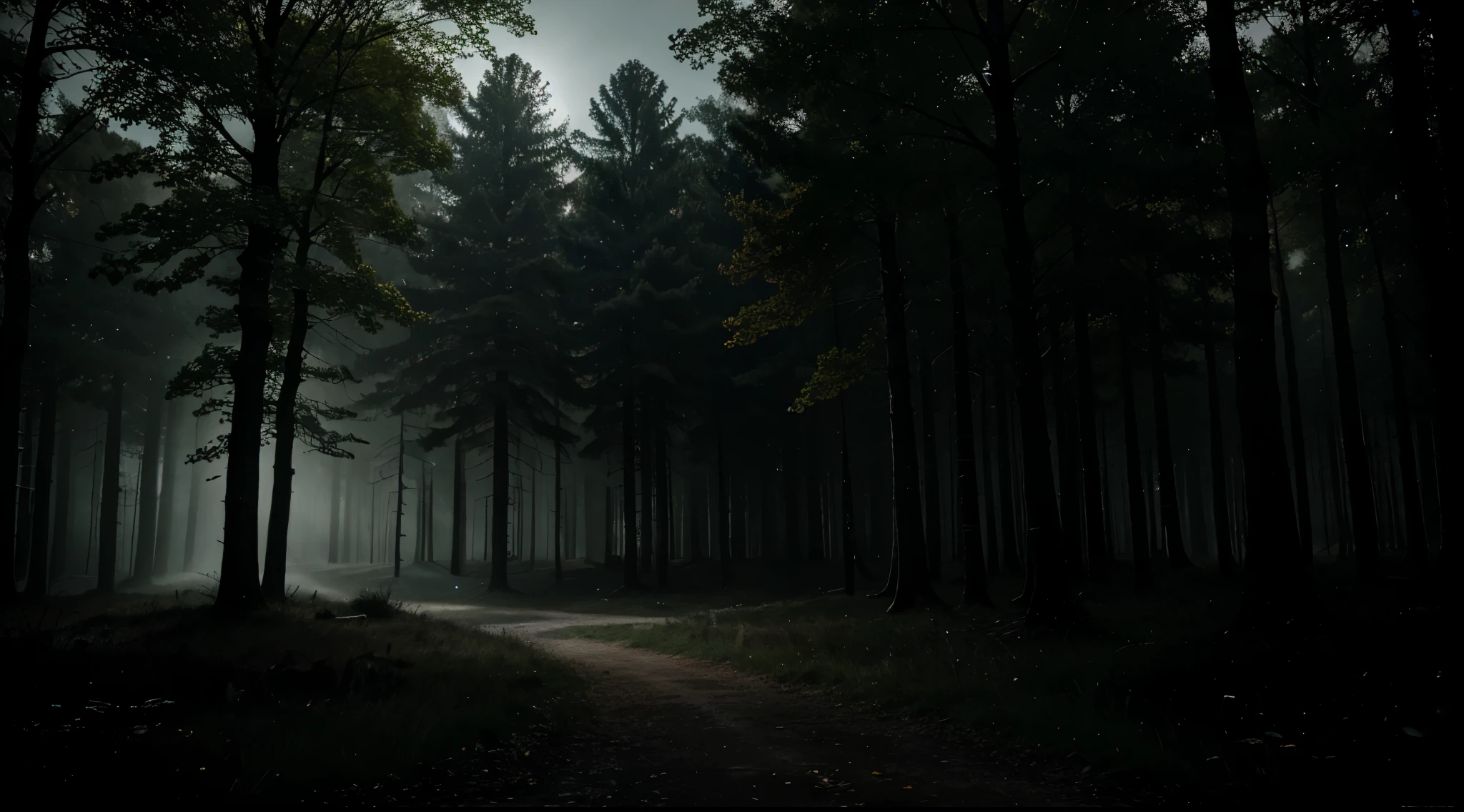 (best quality,highres,ultra-detailed:1.2),dark and mysterious forest,2 parked trucks in the distance with headlights turned off,vibrant moonlight shining through trees,thick fog creating an eerie atmosphere,rays of moonlight casting shadows on the forest floor,leaves rustling in the gentle breeze,moody and atmospheric landscape,ominous silence,powerful sense of solitude,deep shadows and contrasting highlights.