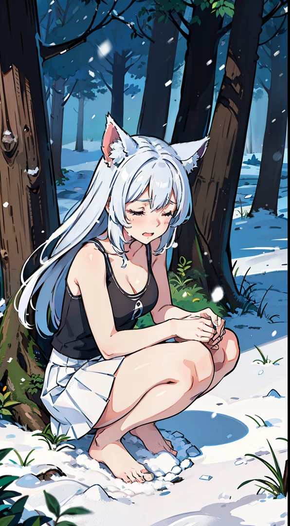 1girl,solo,medium breasts,(white sleeveless and shoulderless t-shirt,cleavage, white pleated skirt),silver hair,long hair,closed eyes,fox ears,((crouched in snow,snowing,in a forest)),from above,(bare feet),((pain)),crying