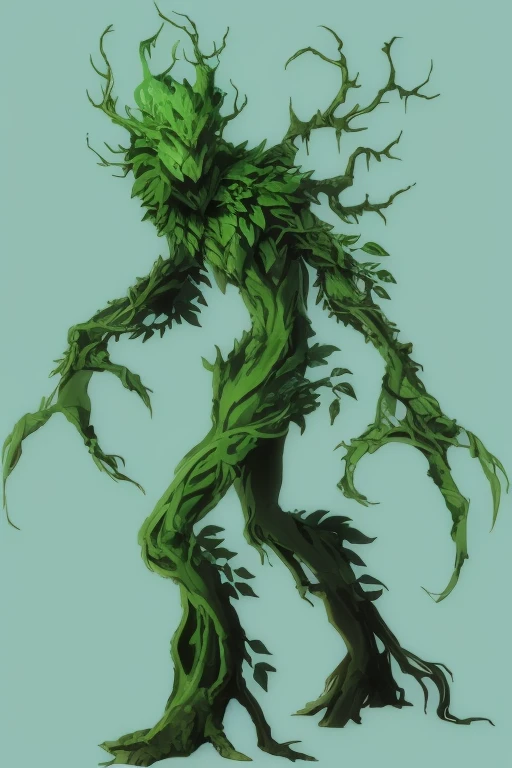 Anime of a green monster with long legs and a big head, Mas Treant dryad, treebeard, Treant, tree druid, um monstro de cardo humanoide, a monstro da planta, monstro da planta, Spriggans, Mas, of an evil tree wizard, Do Pathfinder, estilo de arte humblewood, forest spirit, floresta seca, Orc fundido com videiras