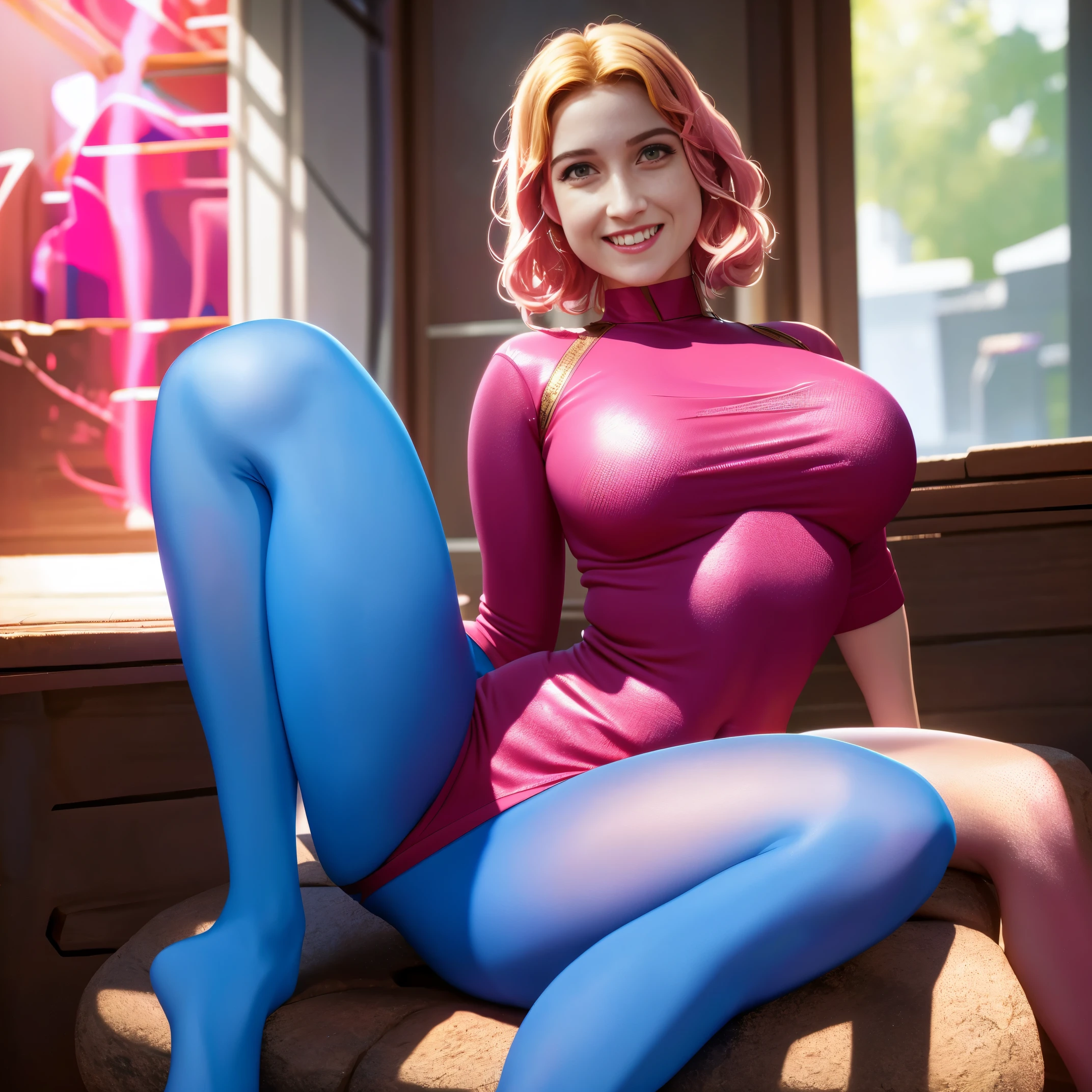 (Best Quality), (Masterpiece), (Detail: 1.4), 3D, High Detail RAW Color Photo, Hyper-Realism, Digital Painting, Wide Angle Lens, Panorama, (Lens Vire: 0.5), (Flare: 0.5), Portrait, (High Detail, Fine Detail, Intricate), blonde, Halle Quinn, Madness, Neuroticism, Laughter, Blood, Pink Neat Short Hair, Ray Tracing, NVIDIA RTX, Super-Resolution, Unreal 5, Subsurface scattering, PBR textures, post-processing, anisotropic filtering, depth of field, maximum sharpness and sharpness, multi-layer textures, albedo and highlight maps, surface shading, accurate simulation of light-material interactions, perfect proportions, Octane Render, two-color light, large aperture, low ISO, white balance, rule of thirds, 8K RAW, feminine figure, pink eyes, cute, sweet, toy, huge, sweaty, V-neck, white half sleeves, black jeans, Tattoo of a rose on the arm, bright colors, romanticism, atmospheric, rainy day, standing posture, hayr