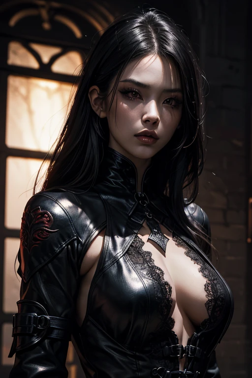 (best quality,4k,highres),sexy oriental gothic girl,leather clothes,sexy expression,detailed eyes and lips,tattoos,edgy makeup,dark atmosphere,black lace,red and black color scheme,sharp contrast,highlights and shadows,grungy background,vivid colors,striking pose,smoky eyes,sultry look,complete attention to details,mysterious aura,flowing hair,dramatic lighting,artistic composition,perfectly proportioned figure, beauty in darkness