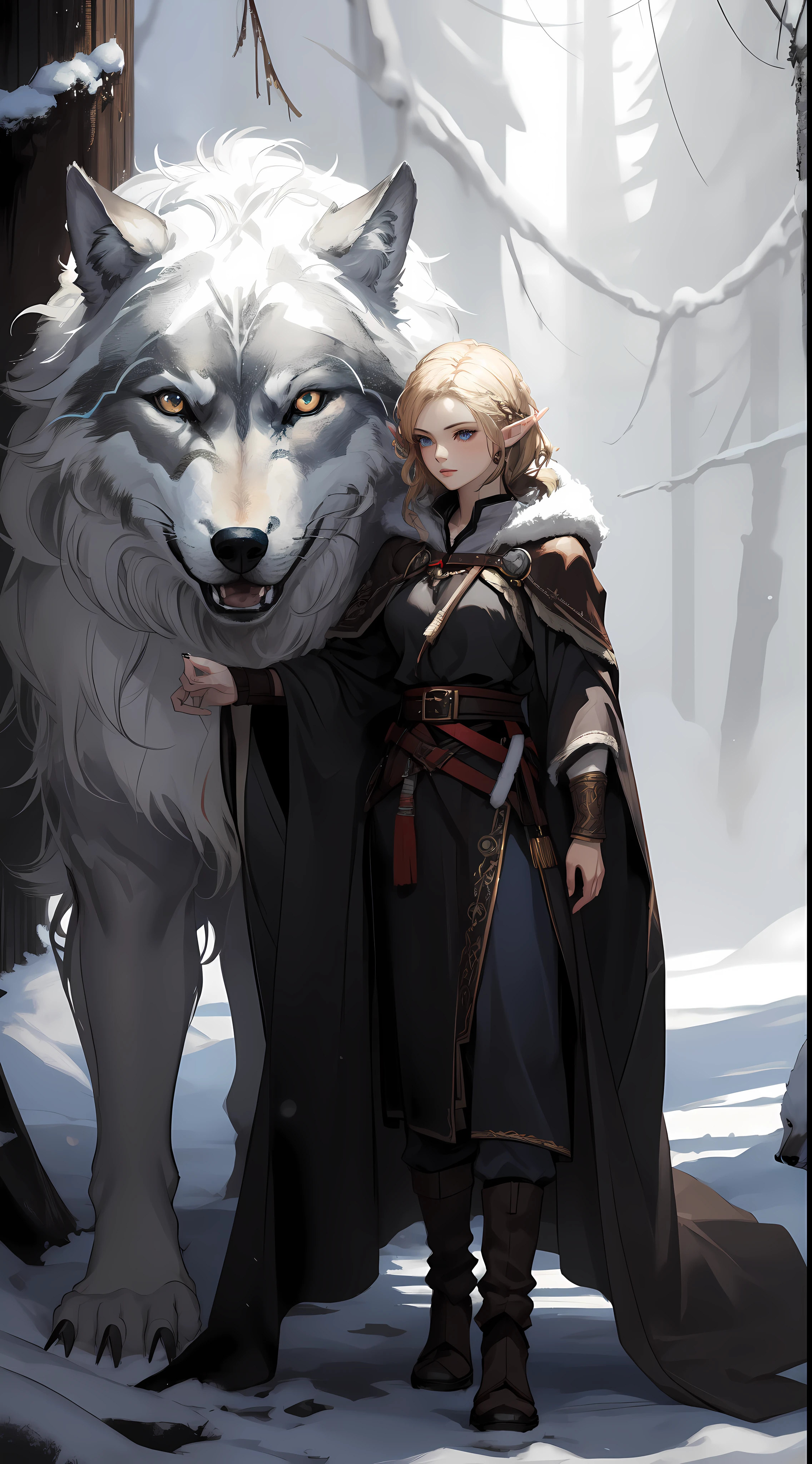 ((masterpiece, best quality)), (fractal art:1.3), viking elf girl, fantasy, Standing with ancient wolf, concept yoji shinkawa, concept art, painting, frank frazetta, BREAK, (elf:1.2), 1girl, solo, (Blonde Hair:1.15), Blunt bangs, (hair between eye), Blue Eyes, (beautiful detailed face:1.2),art style by Artgerm, by Wadim kashin, by Kawacy, BREAK, (1animal), ((wolf)), fluffy, big, White fur, BREAK, ((ancient viking clothes)),fluffy cloak, big breast, long black glovelack pantyhoses with white boots, BREAK, eyelashes, eyeshadow, pink eyeshadow, BREAK, extremely detailed, dynamic angle, dynamic shot, the most beautiful form of chaos, elegant, a brutalist designed, Setting is a Scandinavian forest in winter,