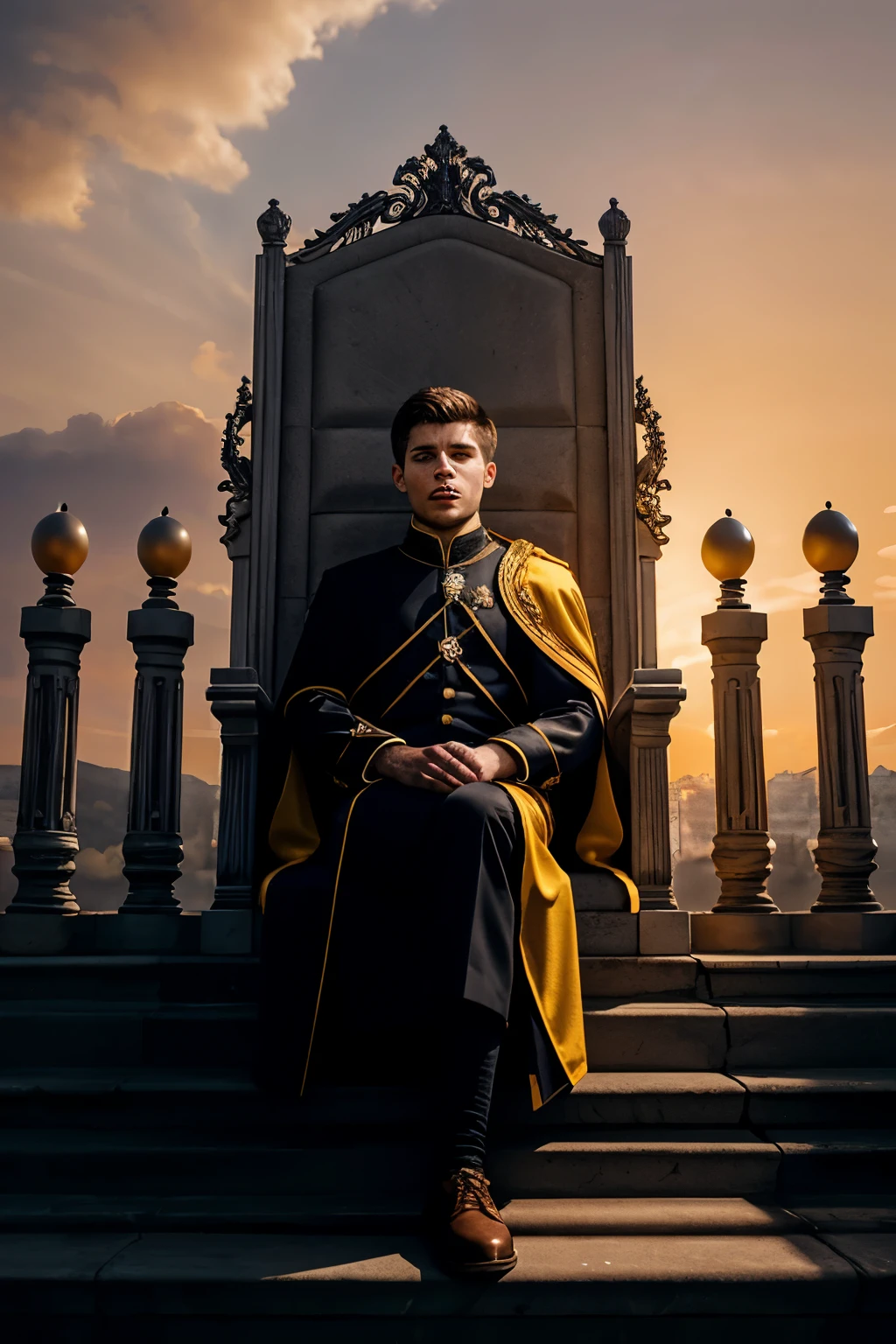High detail, clarity, 8kk, Throne of Fire, young guy, 18 years old, light gray hair, short haircut, yellow eyes, with blue sky behind, fiery steps to the sky to the throne in front, realism, fantasy,