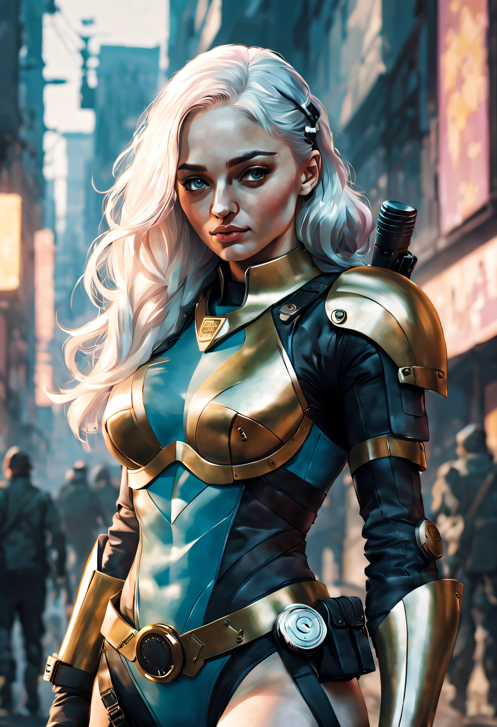 torso shot, facing front, best quality, masterpiece, cyberpunk Sophie Turner as 1girl, (solo:1.1), ultra detailed,detailed face, 8k wallpaper, platinum white hair in side cut fashion, wide hips, smile, Sophie Turner as military female soldier with gear of war, city background, smoke and rubbles, by gustav klimt , atey ghailan, by greg rutkowski, by greg tocchini, by james gilleard, by joe fenton, by kaethe butcher, gradient blue,  green and purple color scheme