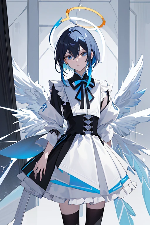 ((tmasterpiece:1.4,Best quality))++,(hyper-detailing)+,(Best quality,hyper-detailing,vibrant with colors,rich colourful,dyna角度,hight contrast:1.2),(tmasterpiece,Best quality,style of anime,a sense of atmosphere,higher detailed,cg render,Standing painting,ray traycinodern day,sci-fy,Divine top light),A boy with,shoun((1 名青shoun)),a handsome,youthfulenergy,A -yeld boedium height,Height about 171 cm,white colors短发,Blue pupil,white colors连帽外套,black in color长裤,手上有一把black in color的铳枪(Blue accents,high qulity,hyper-detailing),蓝黑white colors靴子,minor,The overall color is:white colors,in different shades of blue,black in color ,There is a square light blue halo on the head,There are icy blue fragment-shaped wings on the back.,Angel but fragmented wings,Smooth floor, crystalackground with是星空),Draw the whole body,delicated face,exquisite facial featurerom below:0.5), Fashionab, with dynamism, garments, posing on a, frontage, rich colourful, dyna, Background with, element in, self-assured, Expressing the, statement, fittings, A majestic, coil, Runt, Scenes, Cover of a, boldness, attention-grabbing, Fashionab, typeface, Catchy, attention-grabbinodern day, focal, Fashionab