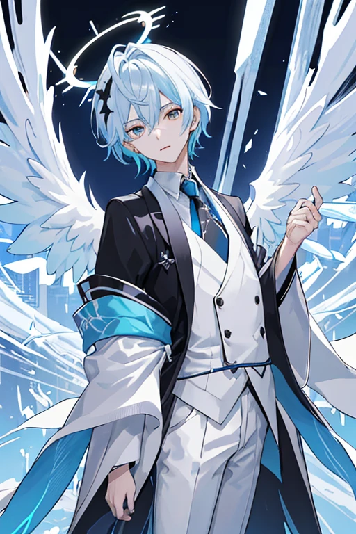 （（tmasterpiece：1.4，Best quality））++，（hyper-detailing）+，（Best quality，hyper-detailing，vibrant with colors，rich colourful，dyna角度，hight contrast：1.2），（tmasterpiece,Best quality,style of anime,a sense of atmosphere，higher detailed，cg render，Standing painting，ray traycinodern day，sci-fy，Divine top light)，A boy with，shoun((1 名青shoun)),a handsome,youthfulenergy,A 17-year-old boy，Medium height，Height about 171 cm，white colors短发，Blue pupil，white colors连帽外套，black in color长裤，手上有一把black in color的铳枪（Blue accents，high qulity，hyper-detailing），蓝黑white colors靴子，minor,The overall color is：white colors,in different shades of blue，black in color ，There is a square light blue halo on the head，There are icy blue fragment-shaped wings on the back.，Angel but fragmented wings，Smooth floor， crystalackground with是星空)，Draw the whole body，delicated face，exquisite facial featurerom below：0.5）， Fashionab， with dynamism， garments， posing on a， frontage， rich colourful， dyna， Background with， element in， self-assured， Expressing the， statement， fittings， A majestic， coil， Runt， Scenes， Cover of a， boldness， attention-grabbing， Fashionab， typeface， Catchy， attention-grabbinodern day， focal， Fashionab
