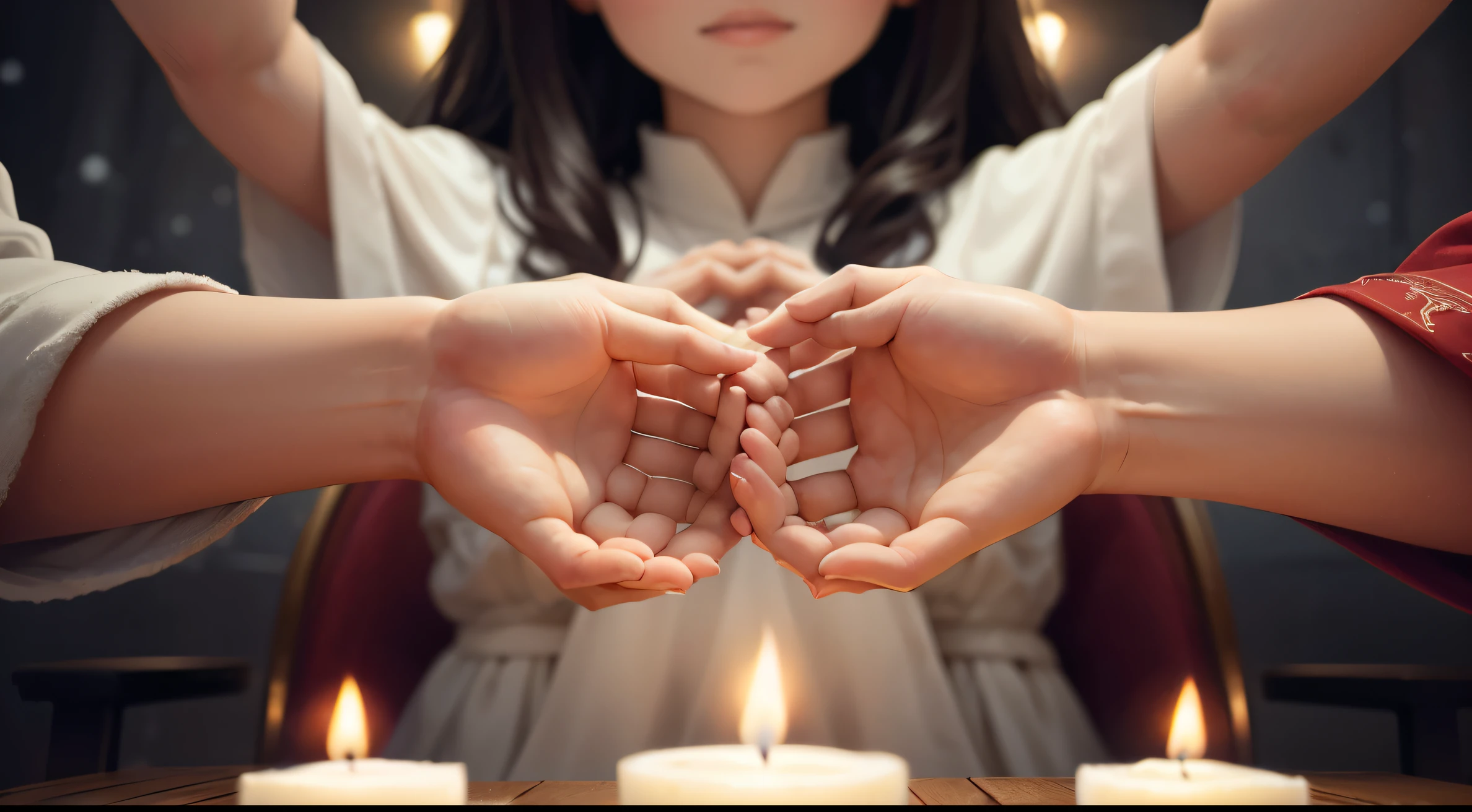 transcending words and capturing the essence of Christmas spirituality. Image quality is exceptional, focusing on the sublime details and intimate connection shared by those who come together in reverence.

the hands, de diferentes idades e origens, intertwine harmoniously in a setting illuminated by a soft light. The gestures are graceful, representing not just an act of prayer, but a unified expression of faith and hope during the Christmas season.

The surrounding environment is serene, with soft color nuances highlighting the joined hands. Velas acesas em segundo plano adicionam uma atmosfera sagrada, evoking the importance of spiritual light in this special moment.

Cada detalhe, from skin texture to flawless nails, is captured immaculately, transmitindo a pureza e a beleza desse momento espiritual. Essa imagem busca transcender o visual, inviting everyone to feel the depth of spirituality during Christmas through the symbolic union of these hands in prayer.