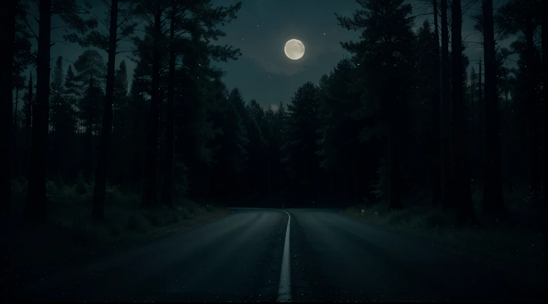 (best quality,highres:1.2),dark forest with highway at night,2 parked pickup trucks with headlights off,detailed trees and foliage surrounding the road,distant stars shining in the sky,dimly lit moon casting a soft glow,serene atmosphere,nighttime ambiance,cool color tones,subtle shadows,gentle moonlight