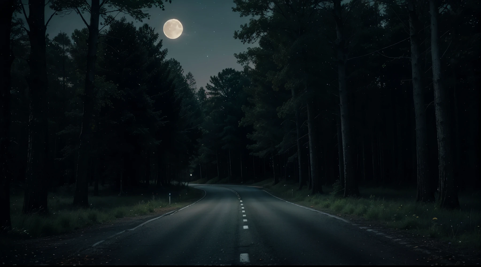 (best quality,highres:1.2),dark forest with highway at night,2 parked pickup trucks with headlights off,detailed trees and foliage surrounding the road,distant stars shining in the sky,dimly lit moon casting a soft glow,serene atmosphere,nighttime ambiance,cool color tones,subtle shadows,gentle moonlight