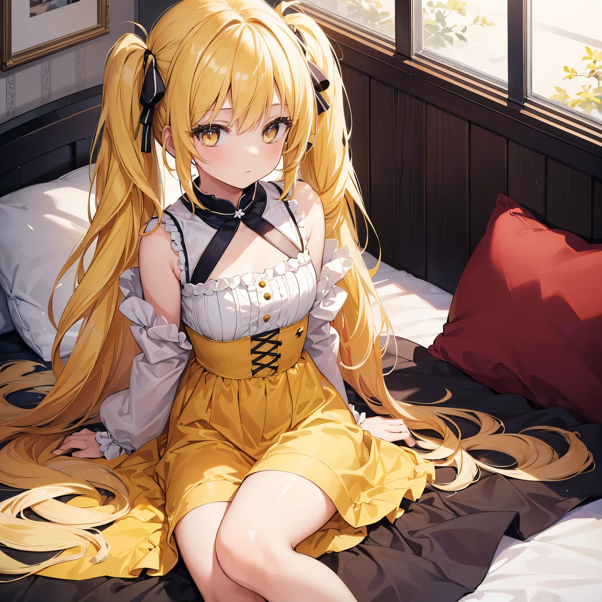(((1girl with))),( absurdly , High quality , ultra-detailliert ),((Summer at noon)),(((masutepiece))),((the beach))),(()),(((Long-haired blonde twintails))),(((Orange Maid Dress)))、with a red ribbon on the head,,,((render of a cute 3d anime girl)),Super Detailed Beautiful Girl,, (((posterior view))),(((co-sleeping))),Arms forward
