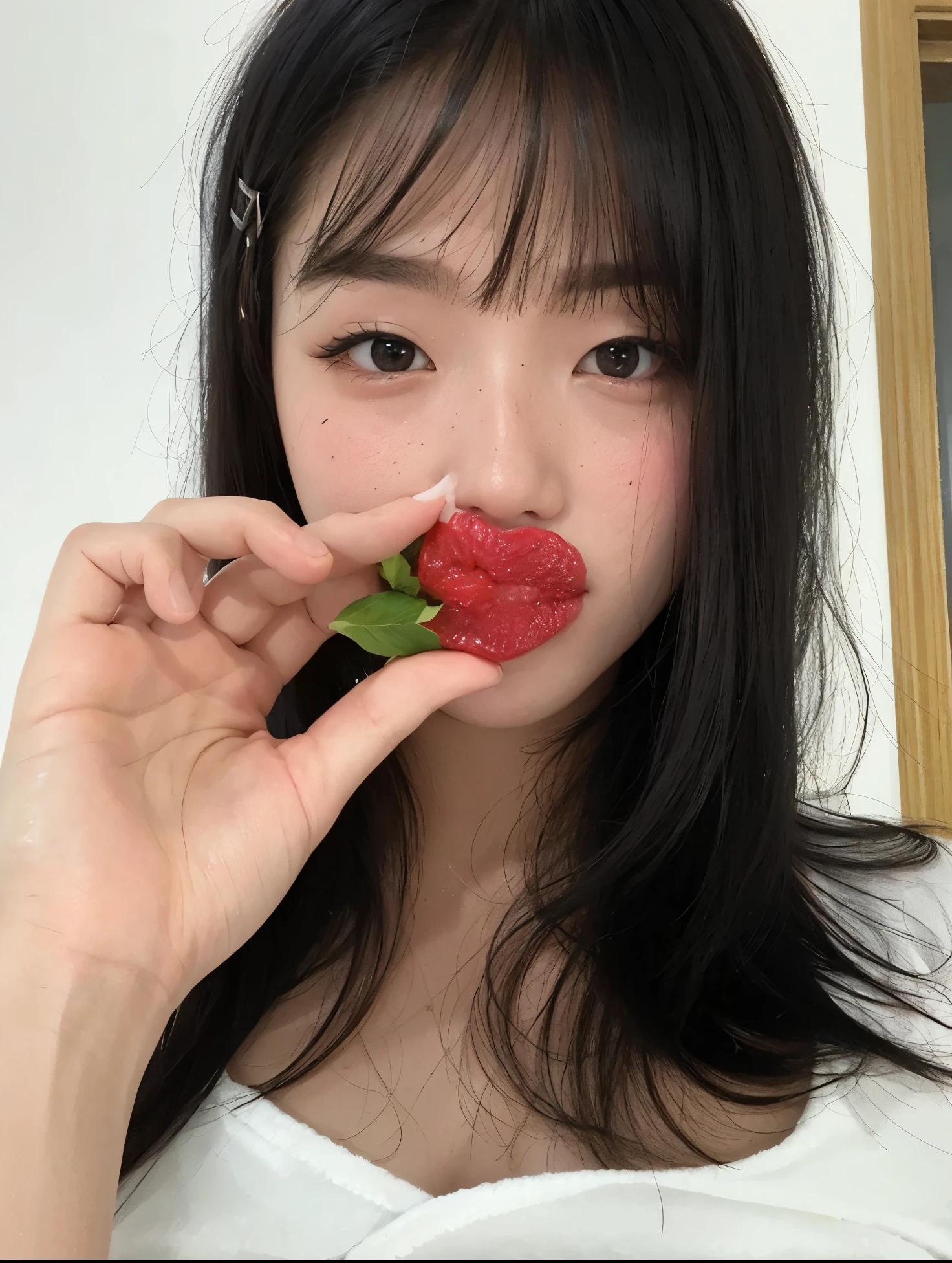 there is a woman holding a morango in her hand and eating it, morango, chiho, holding a giant morango, Ulzzang, fofo, briga com morangos, Jinyoung Shin, Sakimi Chan, shikami, jaeyeon nam, The motto is Teshirogi, 🤤 retrato de menina, Chove, Yoshitomo Nara