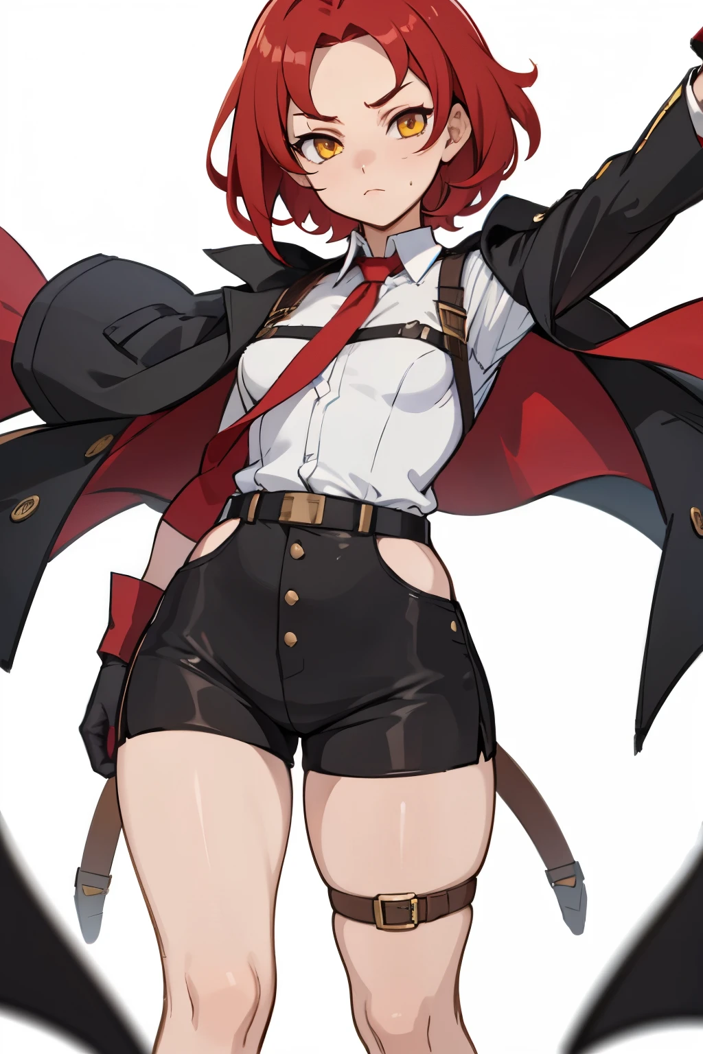 1girl, young woman, solo, short hair, Small hair, (forehead:1.2), yellow eyes, sharp ocular posture, (scarlet red hair), light brown skin tone, Athletic, medium muscular, medium breasts, (overcoat, black coat, open coat:1.2), white shirt, collared shirt, (chest harness, shoulder strap:1.15), black leather shorts, garter belt, gloves, elegant, looking at viewer, standing, chromatic aberration, (close-up to face:1.3), face only masterpiece, best quality, 4k