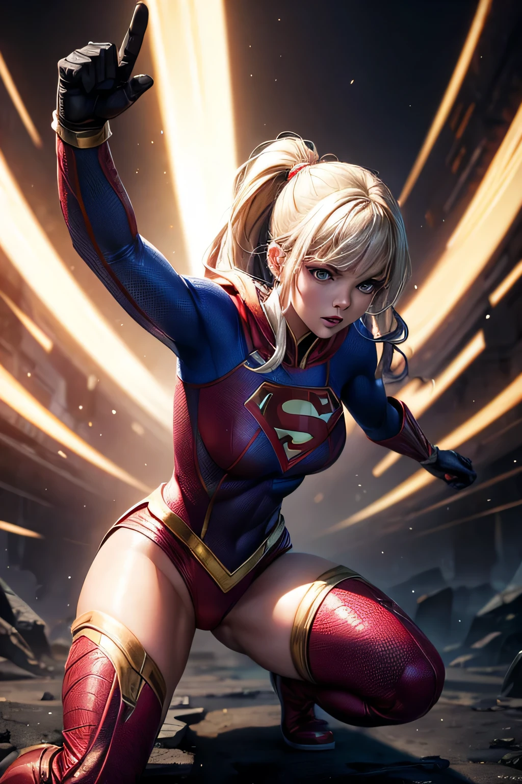 Superhero Supergirl, combat stance, highly detailed, vibrant appearance, creative behavior, extremly detailed, imaginative, , spontaneous, highest quality, skin texture, intricate details, (cinematic lighting), RAW photo, 8k, masterpiece,best quality,ultra-detailed,very detailed illustrations,extremely detailed,intricate details,highres,super complex details,extremely detailed 8k cg wallpaper,