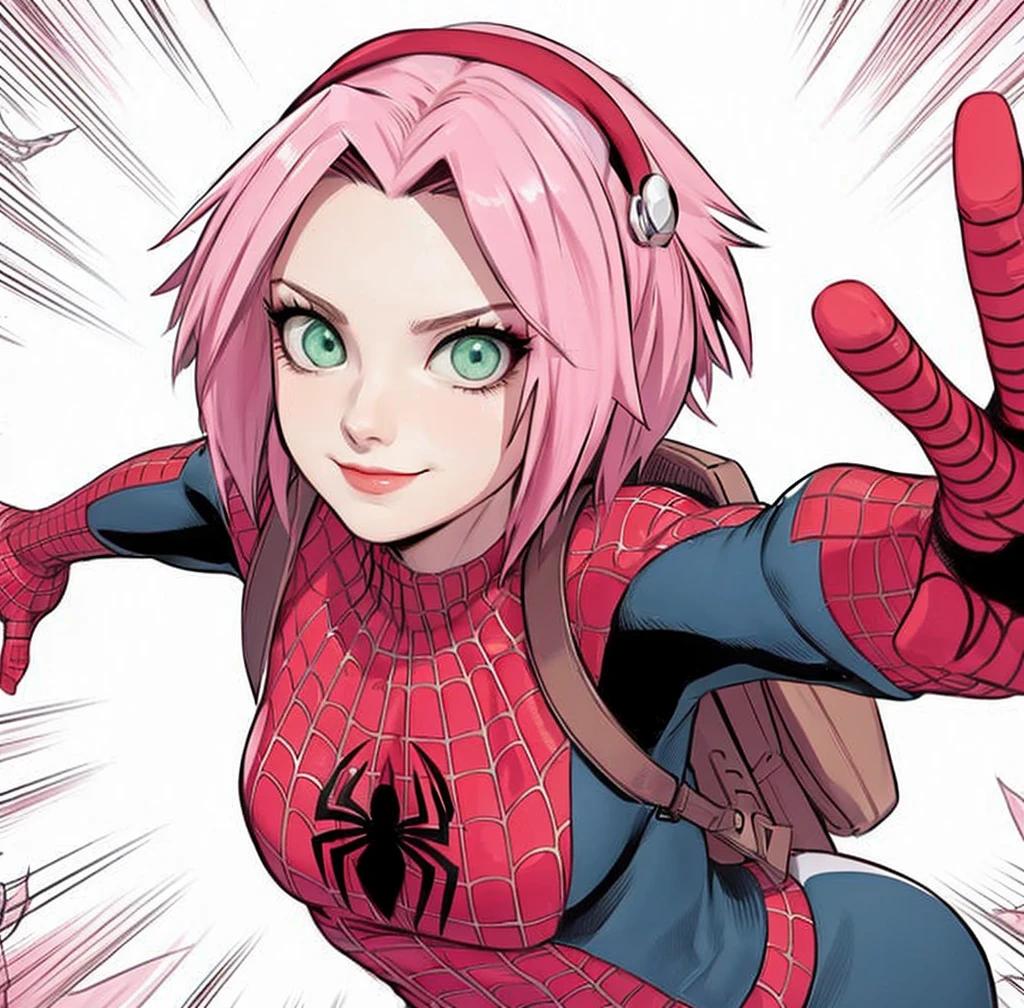 young woman, porcelain skin, long bubblegum pink hair, red beret, big red lips, big green eyes, pink eyebrows, smile, looking at camera, red clothes, Sakura Haruno, 3d, realism, wind
young woman, porcelain skin, long bubblegum pink hair, wide forehead, big red lips, big green eyes, pink eyebrows, smile, looking at camera, spider woman clothing, Sakura Haruno, 3d, realism, city