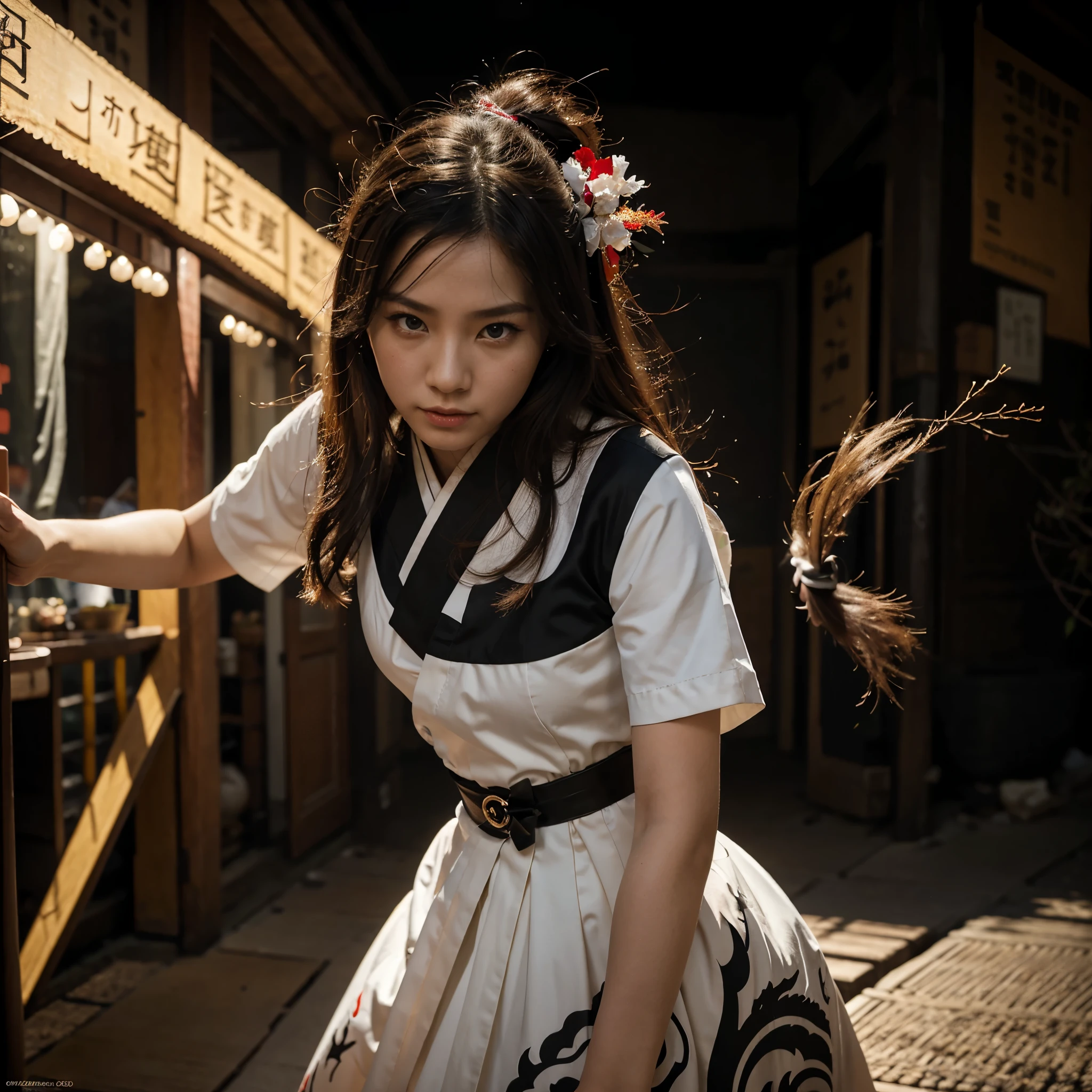 raw photo, best quality, masterpiece, ultra high res, (photorealistic: 1.4), Anime poster, a Chinese woman, each hand holding a short stick, two hands, wear kungfu kimono, wave, traditional Chinese ink style , Maiden Dragon Slayer, face from the front, the main color is red and white and black ink, dynamic movement, dynamic pose, movement, full body::1 Amazing vector in oil painting cinematic environmental art, diorama, intricate detail, solo, dress, floating_hair