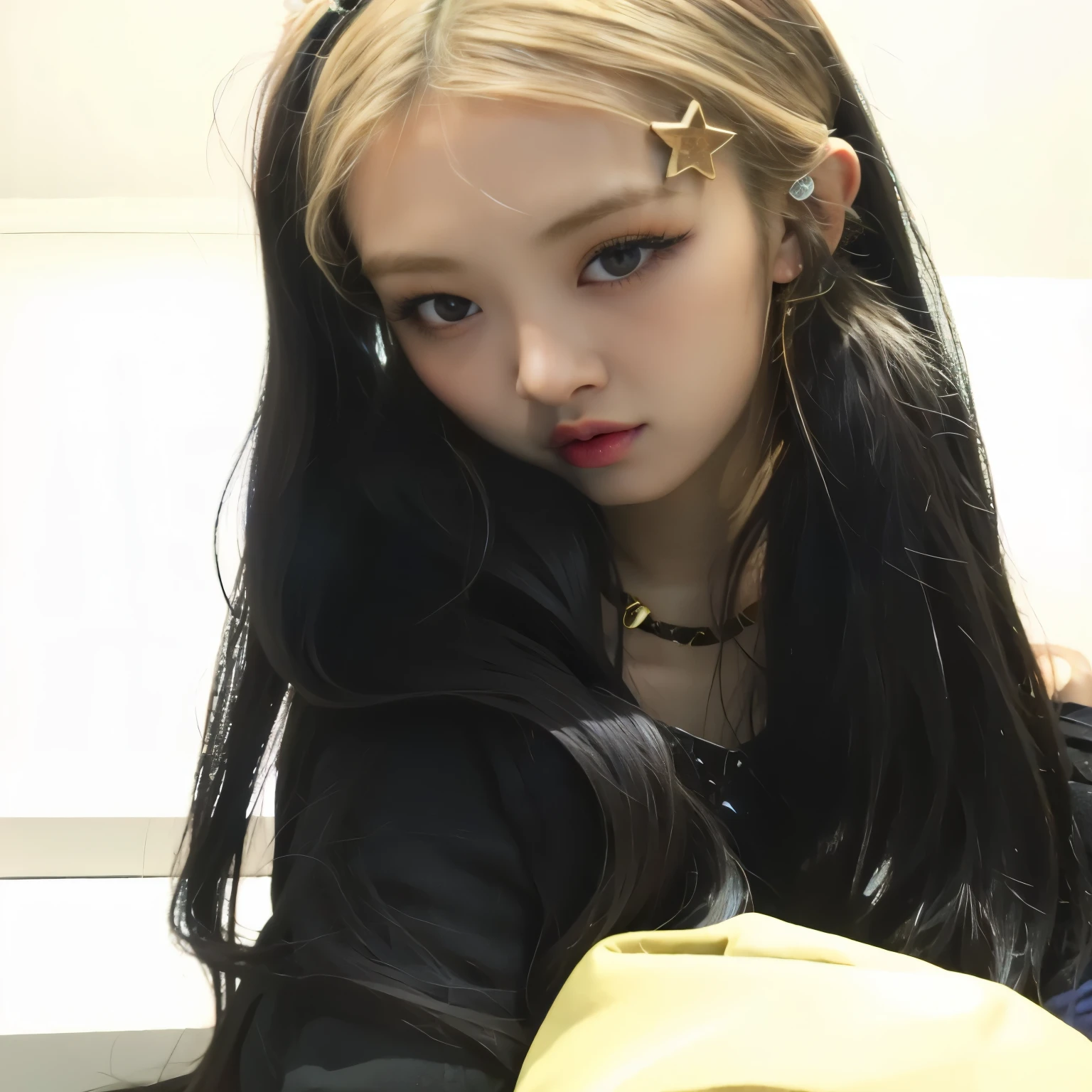 a close up of a woman with long hair and a star on her head, ulzzang, portrait of jossi of blackpink, jossi of blackpink, cruel korean goth girl, with black pigtails, with long hair, blackpink jennie, leaked image, tumblr, roseanne park of blackpink, with long hair and piercing eyes, selfie shot straight on angle