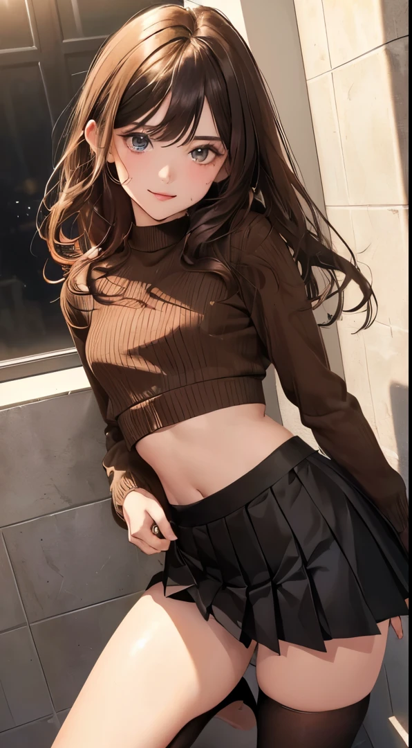 (1 girl), (crouching on her knees), (on hotel toilet), Best picture quality，highly  detailed，Body and facial contours:1.2）Night，(((Wear a crop top Black blazer suit))), ((underneath light brown crop top sweater)), ((black box pleats mini skirt)),(( black stockings 70))，((Brown hair)), ((Brown beautiful eyes)), ((long straight hairstyle up to her waist)), ((small chest)), b chest, smile, closed mouth, looking at the viewer, top angle camera, cowboy shot, anime manga girl ，Weakness of the body，Slim waist，slender leg，Toilets, Blush, Staring to my eyes from below, SFW, young girl, fifteen years old, (((quality))), (((Masterpiece))), (Ultra-detailed:1.3), (A high resolution), Amazing, Intricate, illustration, (Art germ:1.2), (((Extremely detailed wallpaper 4k CG unity))), offcial art, Original, Intense angle, (High contrast:1.2), (Colorful shadows), Cinematic lighting, (an extremely detailed and beautiful:1.33), ((Young petite female model)), (Idol), (Cute:1.33), crouching, ([Diamond:1.3|Eyes]:1.2), Big round eyes, V-shaped_Eyebrows, Long brown eyelashes, (Seductive smile), ([opals:1.9|Gradient_Hair:1.3]:1.2), (Hair dripping:1.25), (detailed super oily shiny skin:1.2), (dent in the skin:1.2), (Detailed hands and fingers:0.9), (Pleats:1.2), (perfect anatomy), (correct five fingers), (correct digits), (two legs only), ((ready to lick my dick))