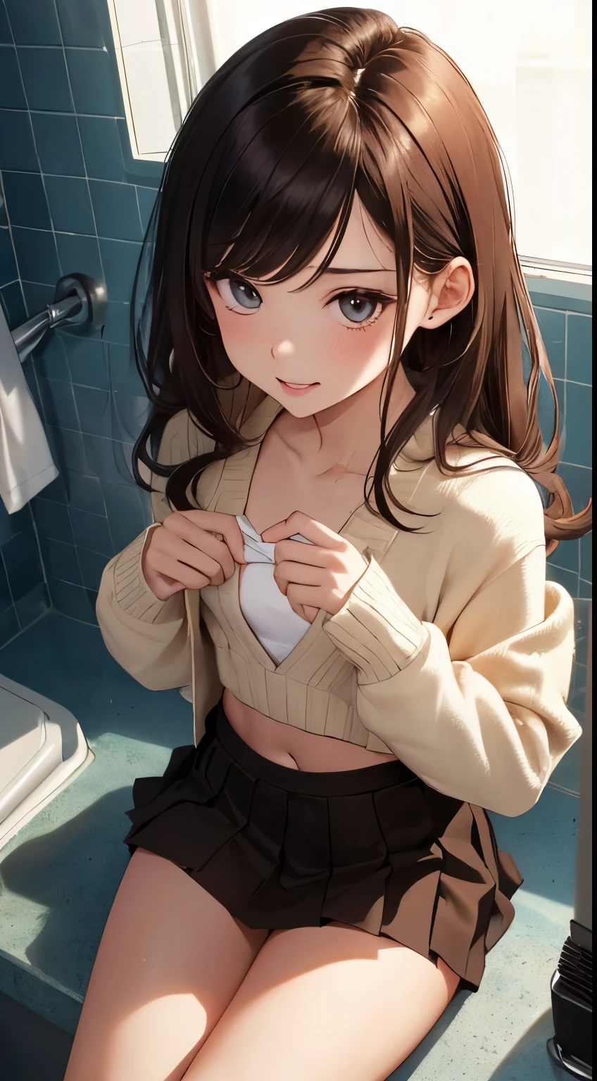 (1 girl), (crouching on her knees), (on hotel bathroom), Best picture quality，highly  detailed，Body and facial contours:1.2）Rainy days，(((Wear a crop-topped black blazer, underneath brown croptopped sweater, black box pleats mini skirt, black stockings)))，((Brown hair)), ((Daek Brown beautiful eyes)), ((long straight hairstyle up to her waist)), ((small chest)), b chest, smile, closed mouth, looking at the viewer, top angle camera, animemanga girl ，Weakness of the body，Slim waist，slender leg，Toilets, Side head，NSFW, young girl, , (((quality))), (((Masterpiece))), (Ultra-detailed:1.3), (A high resolution), Amazing, Intricate, illustration, (Art germ:1.2), (((Extremely detailed wallpaper 4k CG unity))), offcial art, Original, Intense angle, Sunlight, (High contrast:1.2), (Colorful), Cinematic lighting, (an extremely detailed and beautiful:1.33), ((Young petite female model)), (Cute:1.33), Sitting, ([Diamond:1.3|Eyes]:1.2), Big round eyes, V-shaped_Eyebrows, Long brown eyelashes, (Seductive laughter), ([opals:1.9|Gradient_Hair:1.3]:1.2), (Hair dripping:1.25), (detailed super oily shiny skin:1.2), (dent in the skin:1.2), ([Wet:0.8|slimey]), Armpits, (Detailed hands and fingers:0.9),  clothes, Backless, (Pleats:1.2), (perfect anatomy), correct five fingers), (correct digits), (two legs only), ((ready to lick my dick))