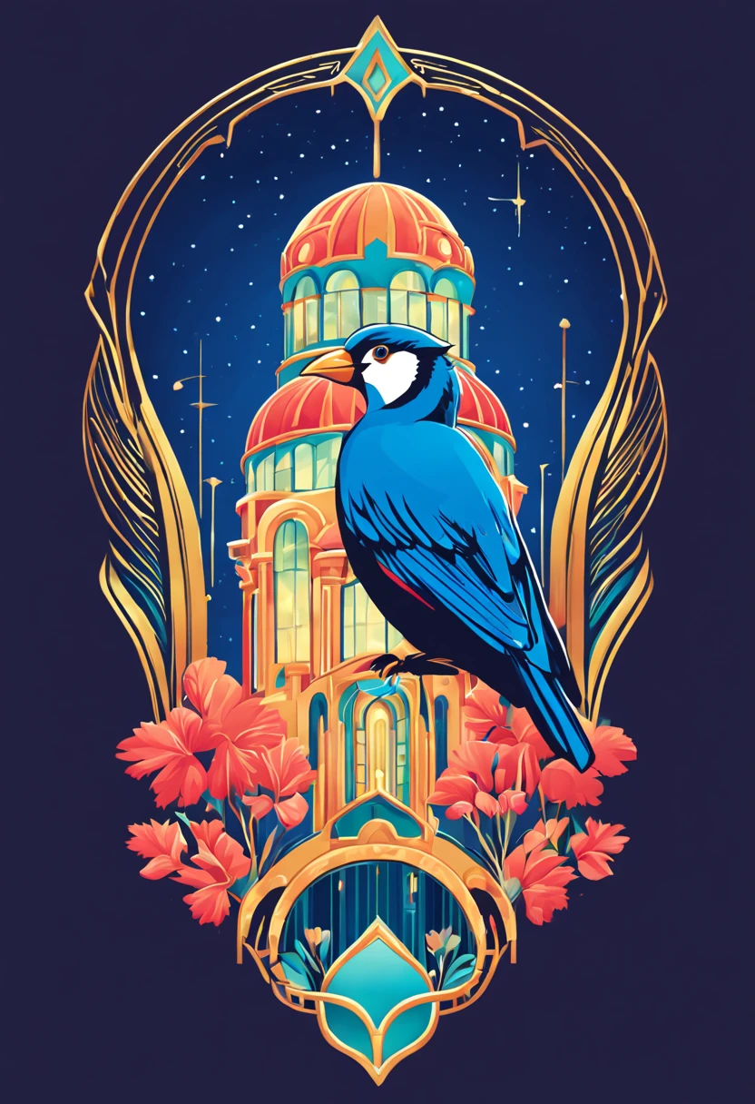Create an (((Art Deco-inspired))) (((T-shirt Design))) with bird niches, blending elements of surrealism and vivid fantasy colors. The scene should be outdoor, with a bright and vibrant color palette. Use a wide-angle lens to capture a panoramic view of the design. Incorporate the artistic styles of illustrators from Dribbble and Art Station, with influences from the fantasy works of Studio Ghibli. Experiment with a mix of detailed and stylized features, rendering in a cinematic style with a touch of nostalgia