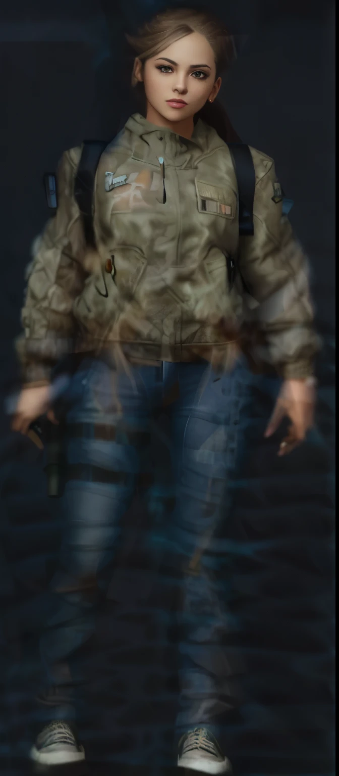 a woman in a jacket and jeans with a gun, full body shot hyperdetailed, female lead character, highly detailed clothing, realistic clothing, realistically rendered clothing, female outfit, full body details, highly detailed body, highly detailed character, detailed full body concept, in-game 3d model, highly detailed upper body, female character, extreme detail skin