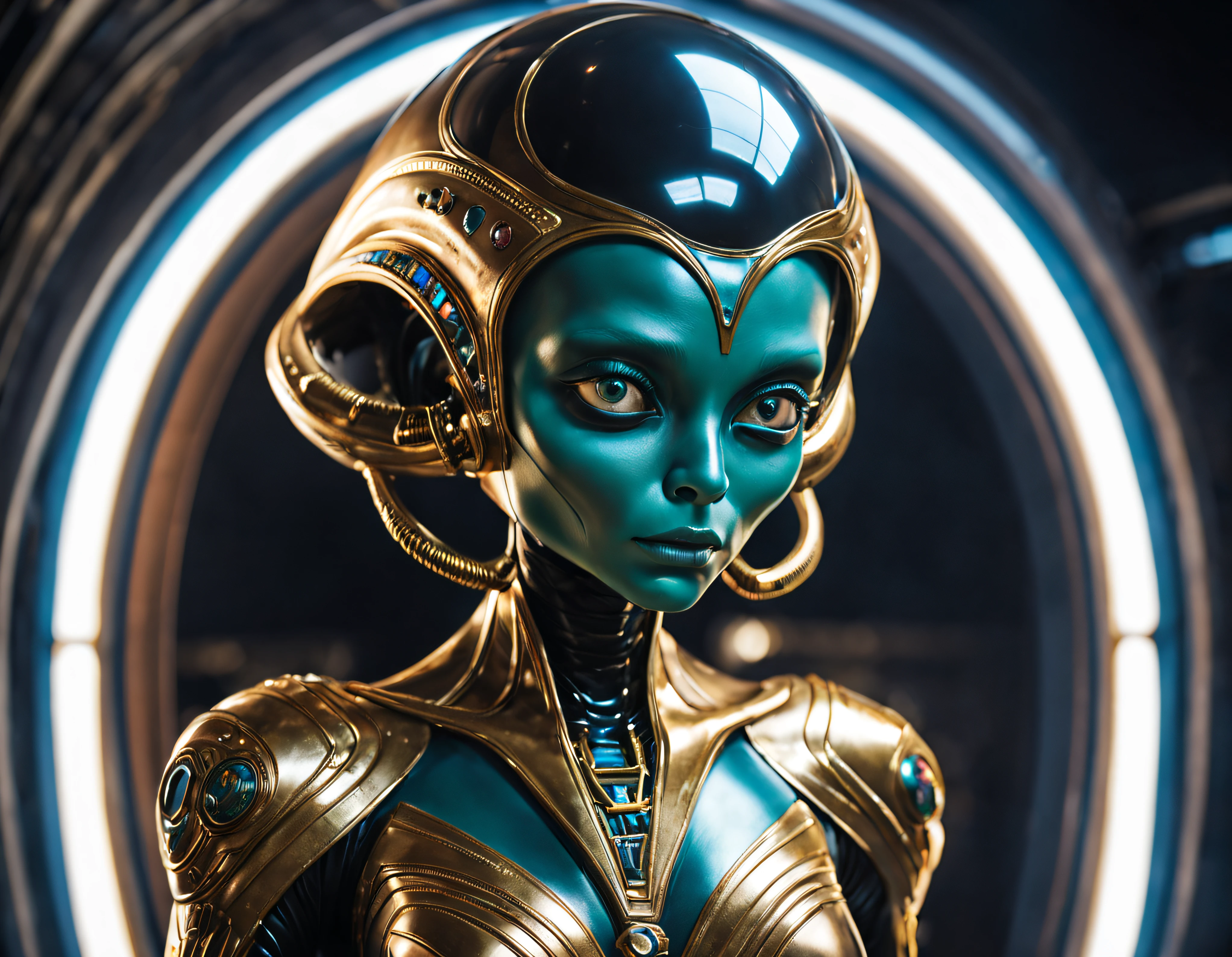 (cuerpo completo), extraterrestrial alien female similar to Lihö-Minaa ,vestida de traje de noche corto, engarzado con oro refulgente, priedras preciosas de colores y diamantes, (se encuentra en centro de control de estacion espacial),detalles intrincados de la maquina de alta calidad), estilo cinematografico, nitidez absoluta, imagen 8k.(obra maestra).fondos de pantalla, ultra detallado.