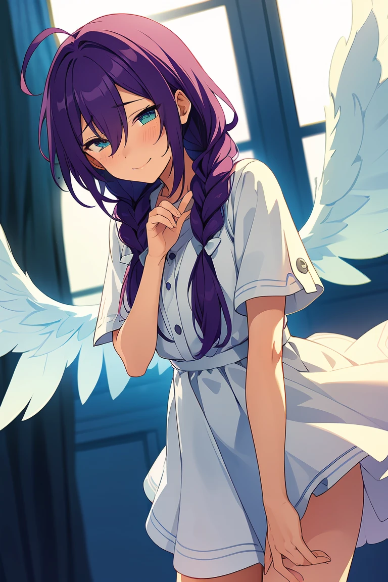 long hair, mole under mouth, purple hair, single braid, hair between eyes, aqua eyes, closed mouth, ahoge, 1girl, blush, smile, cowboy shot, angel wings, white dress