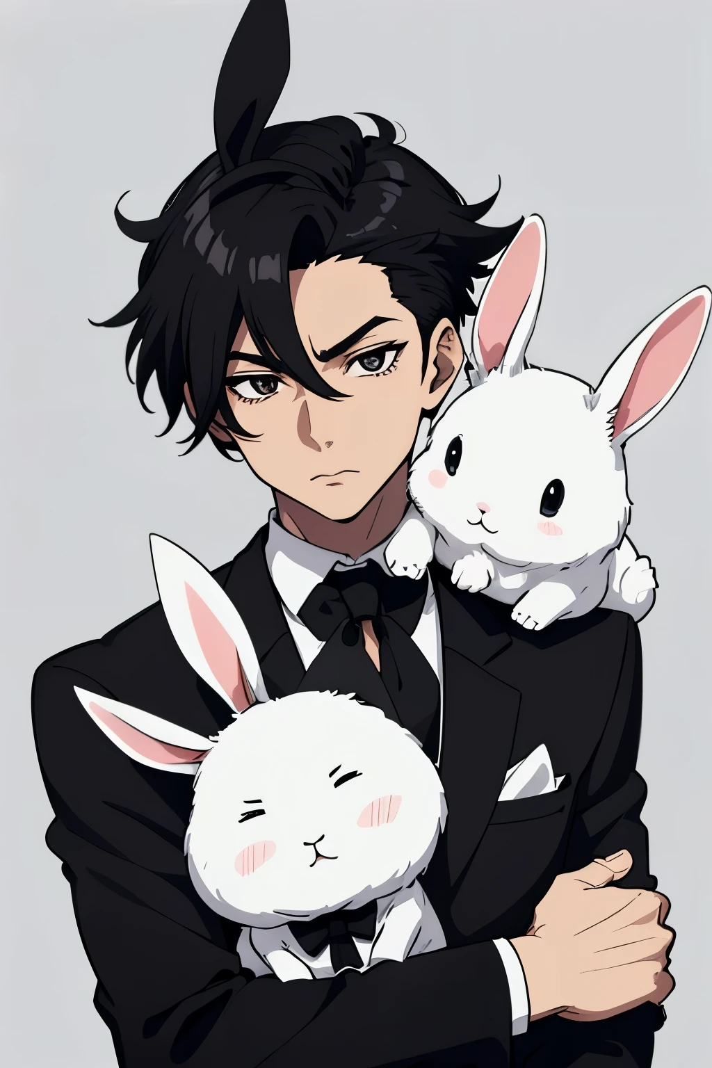 Anime Style, white rabbit bunny head using a black suit with a black tie, black hair undercut