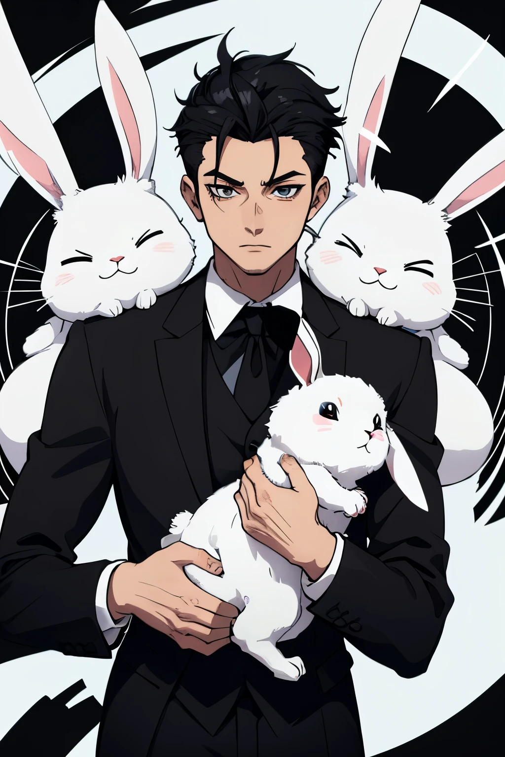 Anime Style, white rabbit bunny head using a black suit with a black tie, black hair undercut