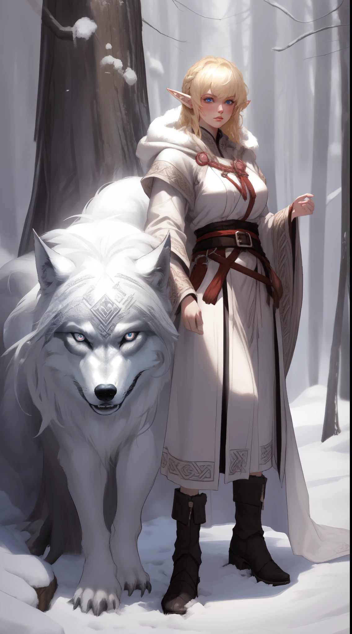 ((masterpiece, best quality)), (fractal art:1.3), viking elf girl, fantasy, Standing with ancient wolf, concept yoji shinkawa, concept art, painting, frank frazetta, BREAK, (elf:1.2), 1girl, solo, (Blonde Hair:1.15), Blunt bangs, (hair between eye), Blue Eyes, (beautiful detailed face:1.2)，art style by Artgerm, by Wadim kashin, by Kawacy, BREAK, (1animal), ((wolf)),  fluffy, big, White fur, BREAK, ((ancient viking clothes))，fluffy cloak,  big breast, long black glovelack pantyhoses with white boots, BREAK, eyelashes, eyeshadow, pink eyeshadow, BREAK, extremely detailed, dynamic angle, dynamic shot, the most beautiful form of chaos, elegant, a brutalist designed, Setting is a Scandinavian forest in winter,