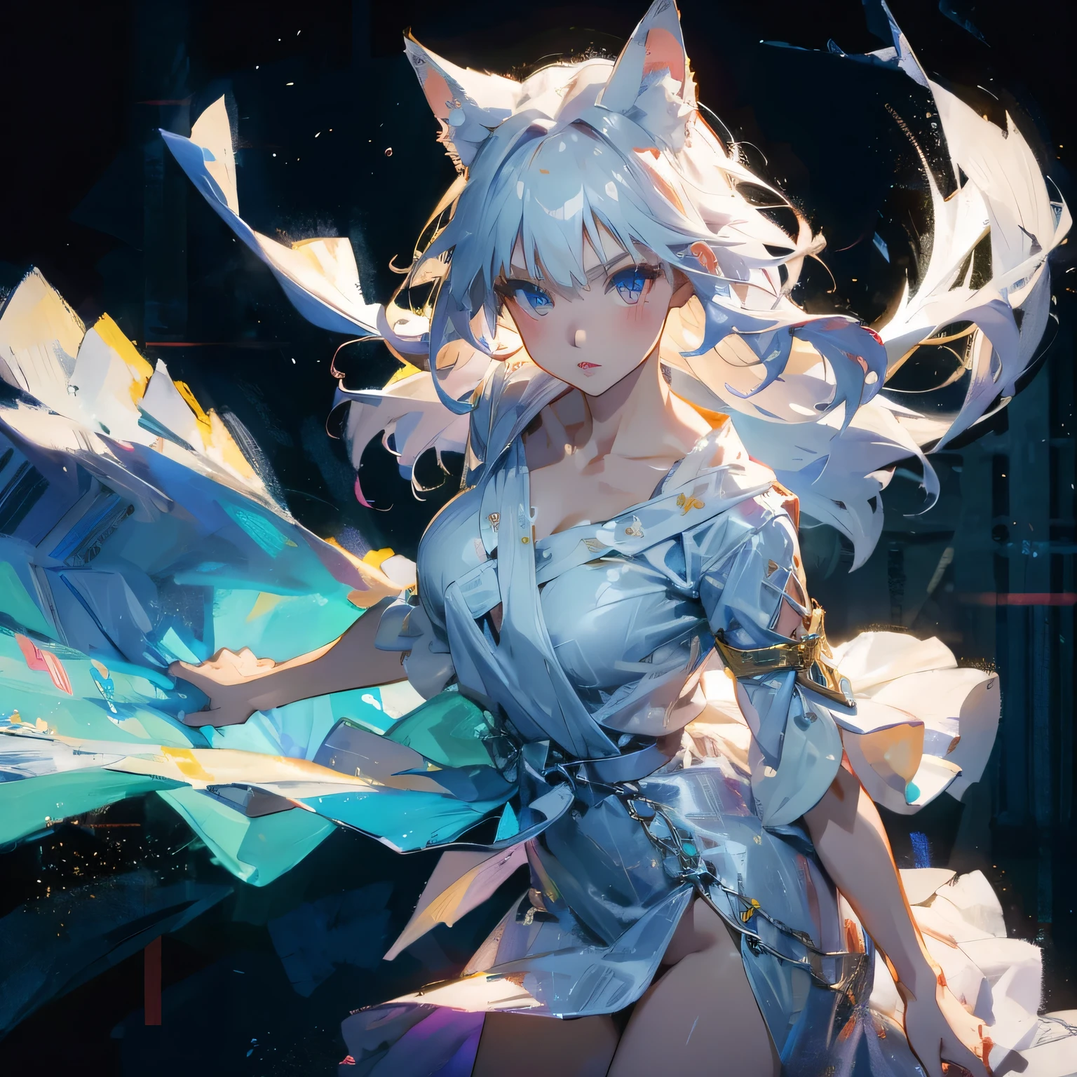 1girll, white hair, long whitr hair,Messy hair,Translucent clothes,NSFW,White fox ears,White fox tail,比基尼,folds,folds,folds