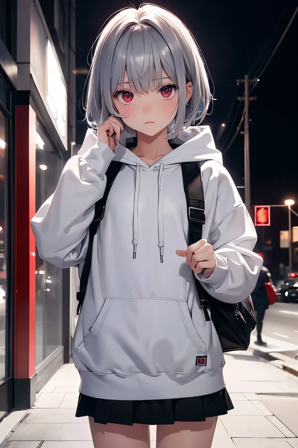 teens girl(ers old)、silver neat short hair、childish、Lori、red eyes、in a white hoodie、wearing black coat、a black skirt、american city at night、hightquality、high-detail、8K picture quality、Black Backpack