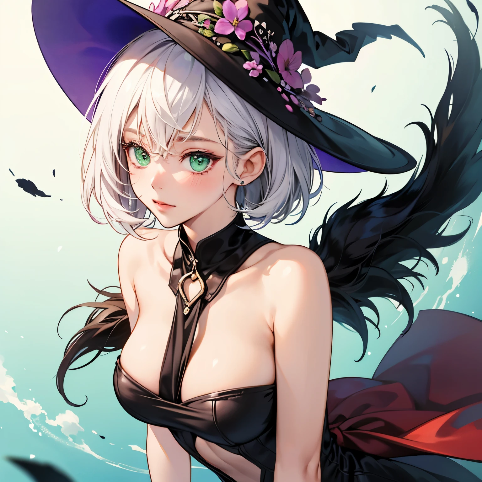 girl, short hair, white hair, light green eyes, violet witch hat, completely naked, big breasts, staring, contempt, blushing